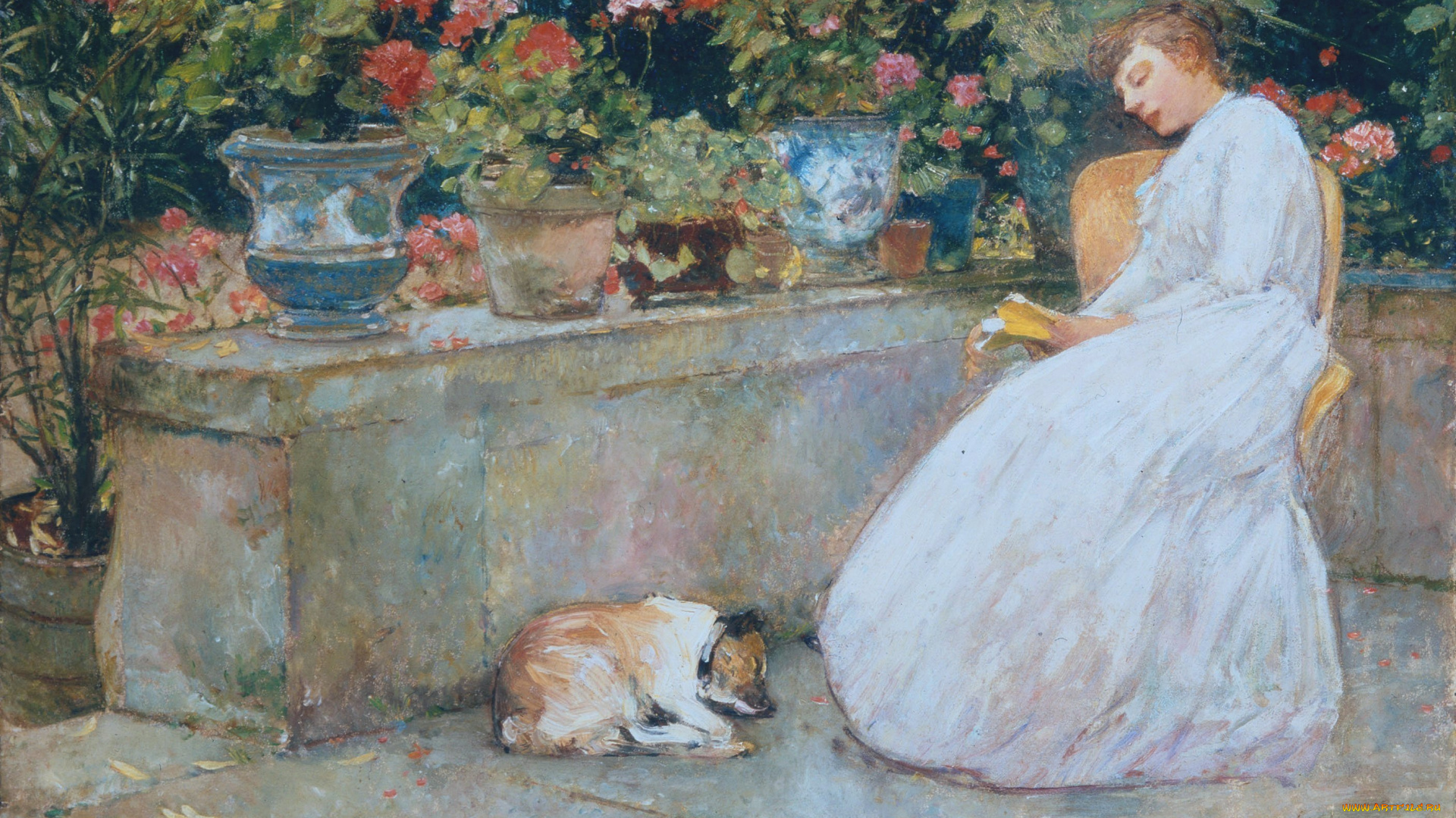 reading, рисованное, frederick, childe, hassam, чтение, книга, дама, собака, терраса, цветы, горшки