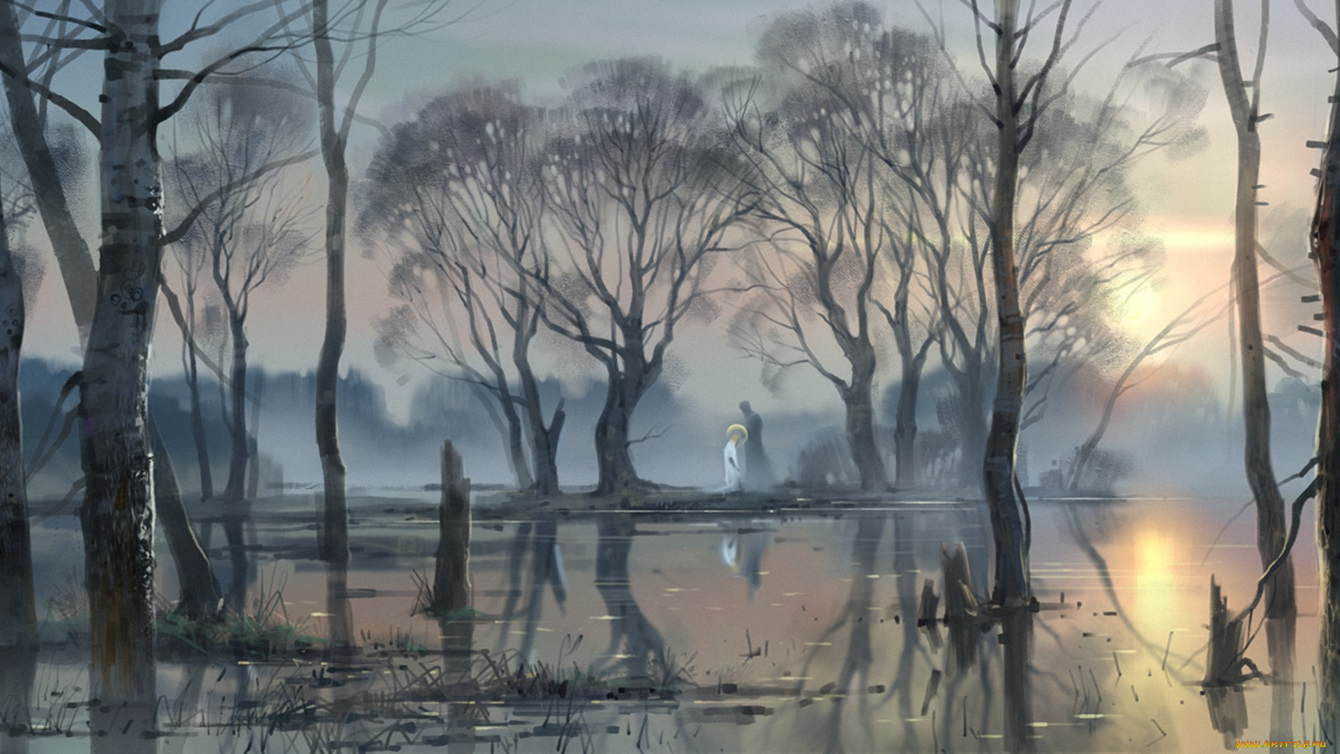 рисованное, природа, деревья, пейзаж, арт, река, лес, русь, половодье, россия, вода