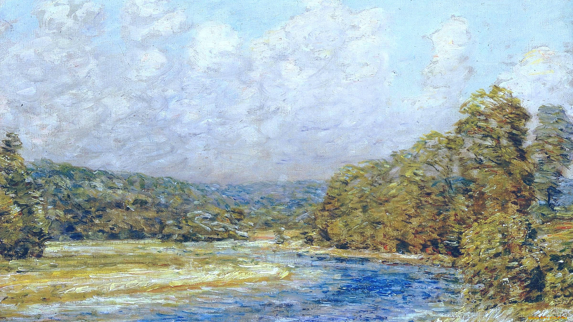 river, landscape, рисованное, frederick, childe, hassam, деревья, берега, река, облака, небо
