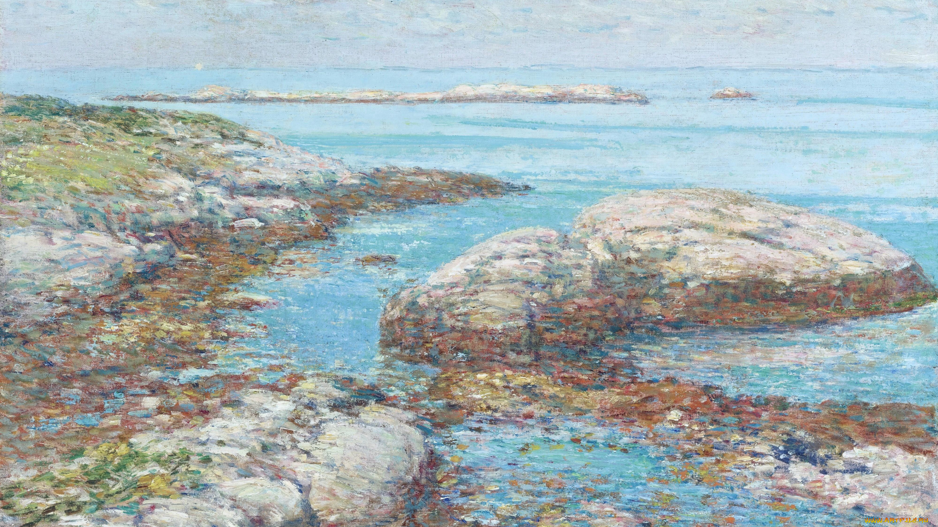 rocks, at, the, appledore, morning, рисованное, frederick, childe, hassam, небо, облака, море, камни, берег