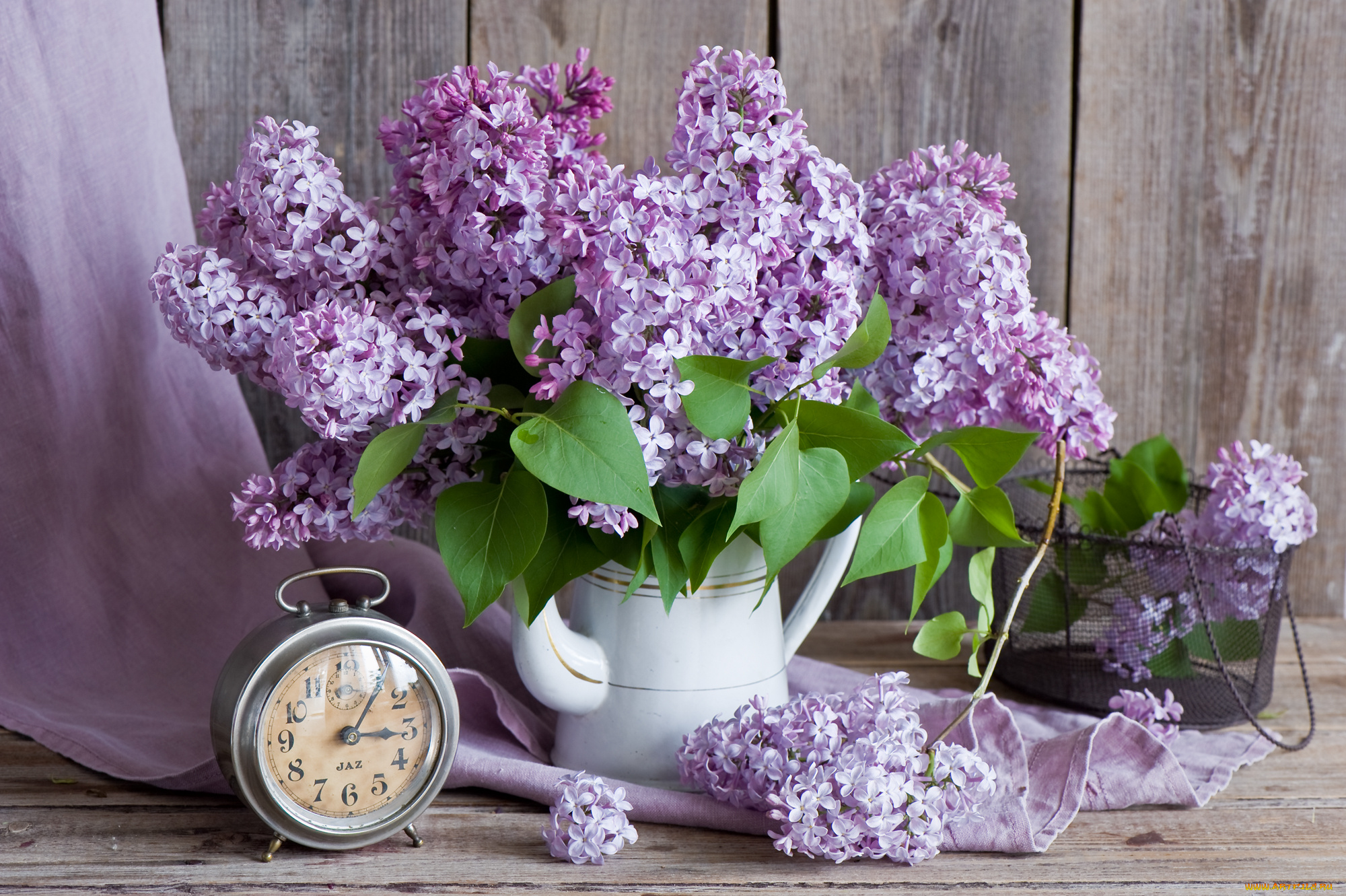 цветы, сирень, часы, букет