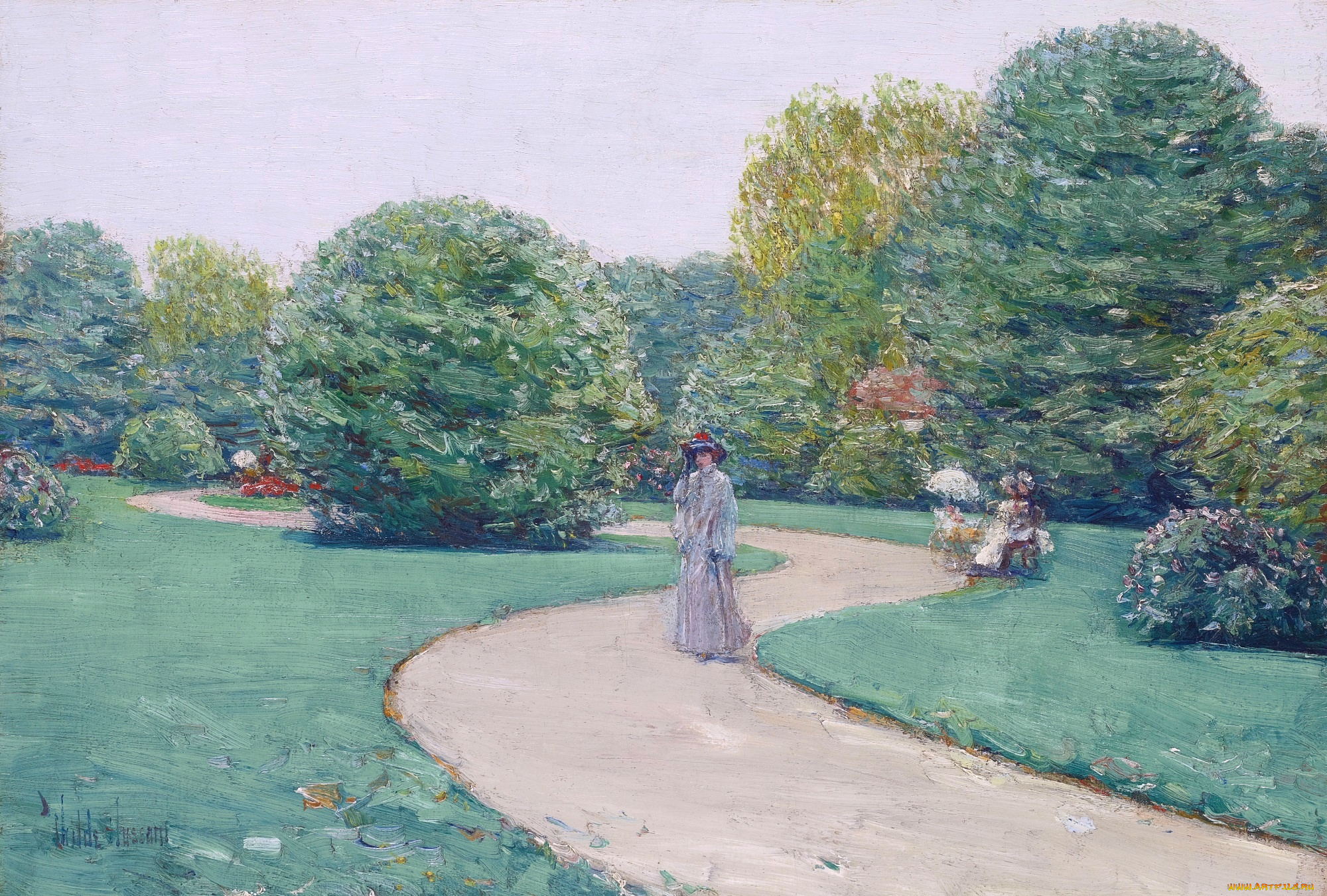 park, monceau, paris, рисованное, frederick, childe, hassam, дама, дорожка, трава, кусты, деревья, парк