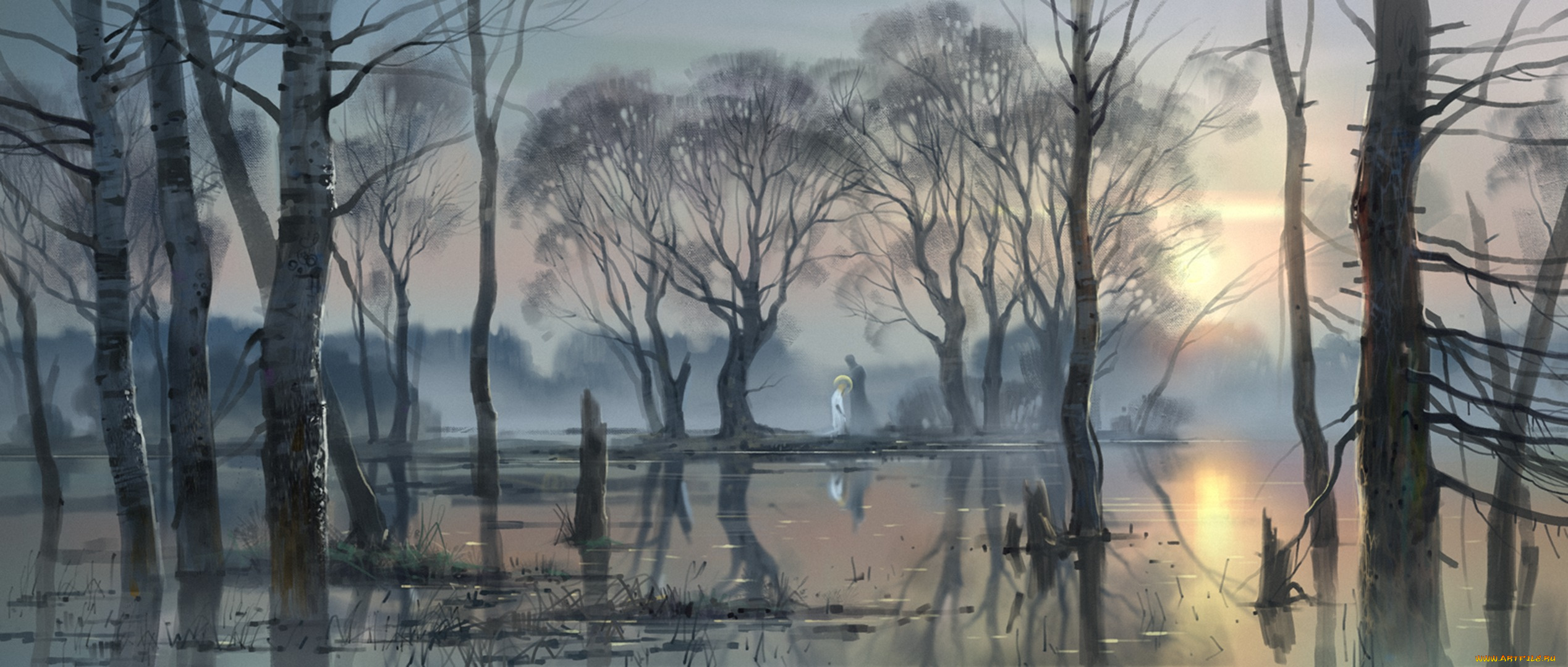 рисованное, природа, деревья, пейзаж, арт, река, лес, русь, половодье, россия, вода