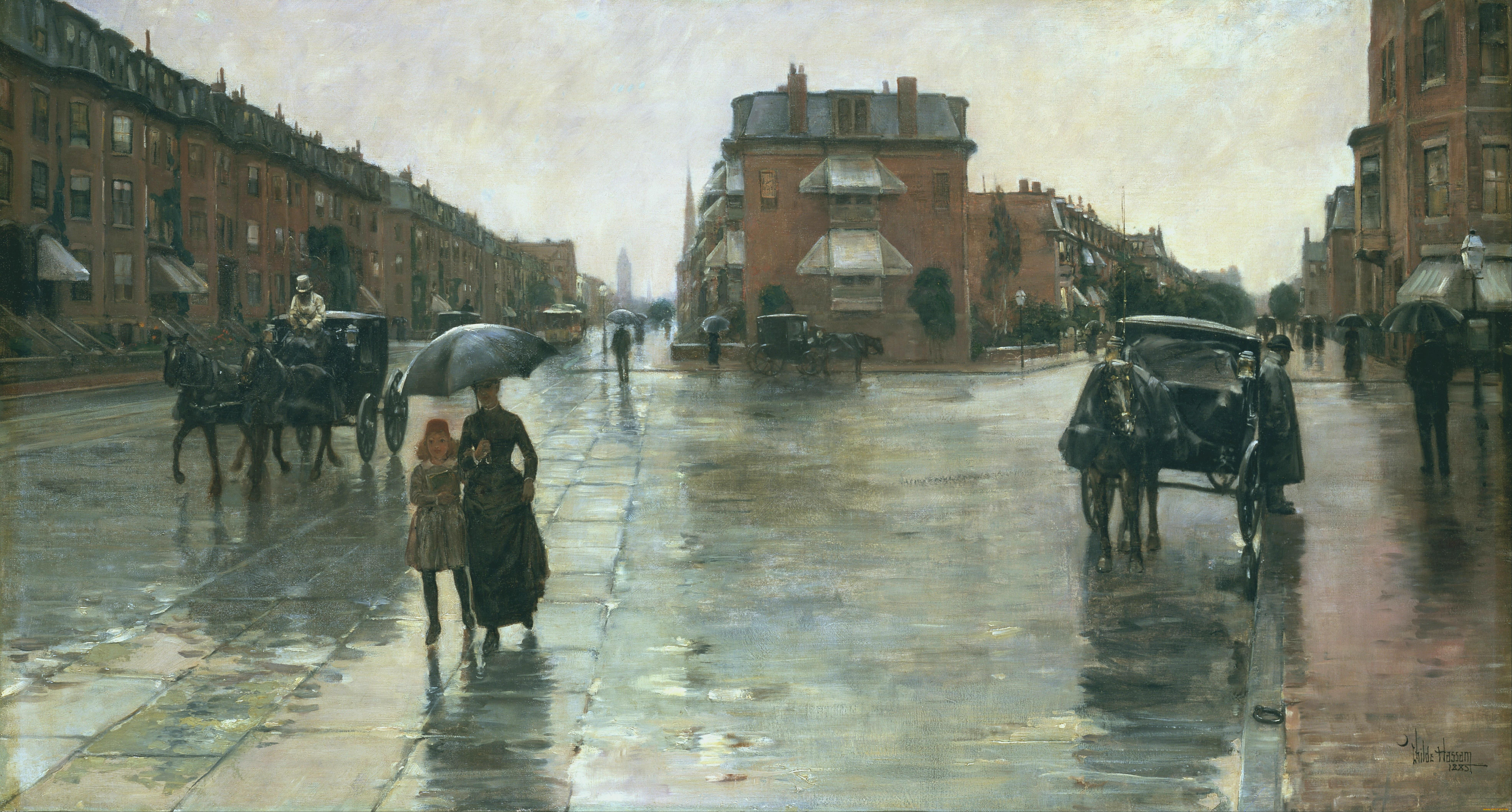 rainy, day, boston, рисованное, frederick, childe, hassam, экипажи, улица, люди, город, здания, дома, дождь