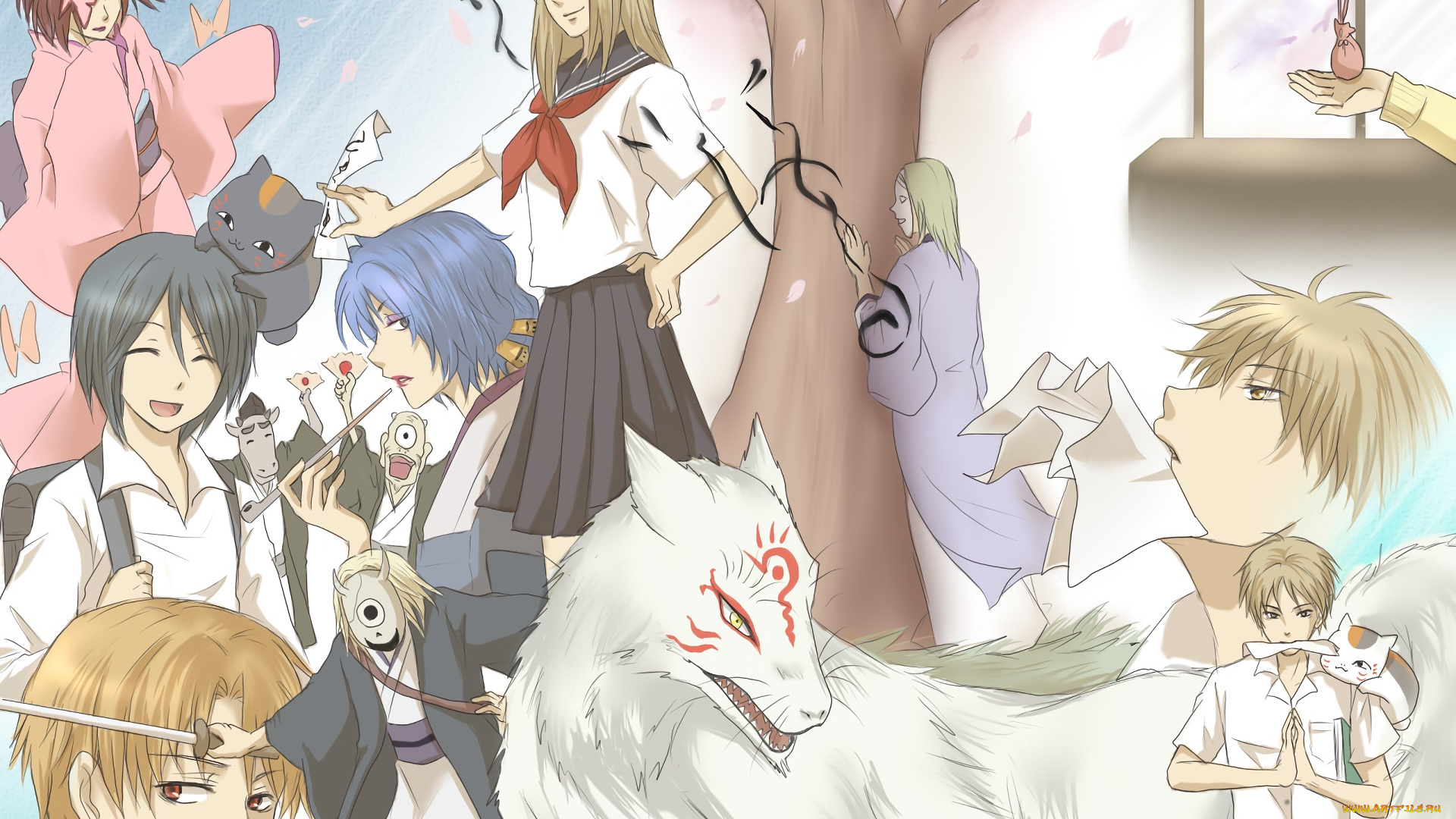 аниме, natsume, yuujinchou, девушки, взгляд, фон