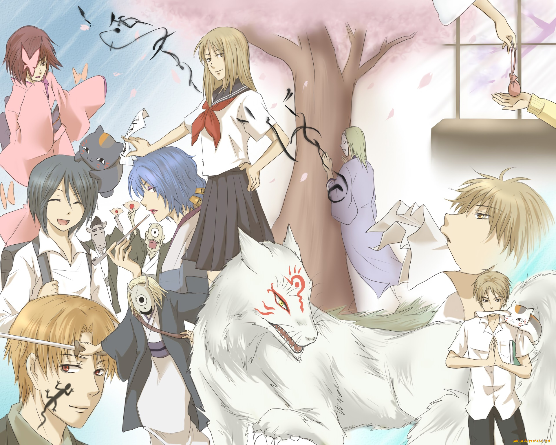 аниме, natsume, yuujinchou, девушки, взгляд, фон