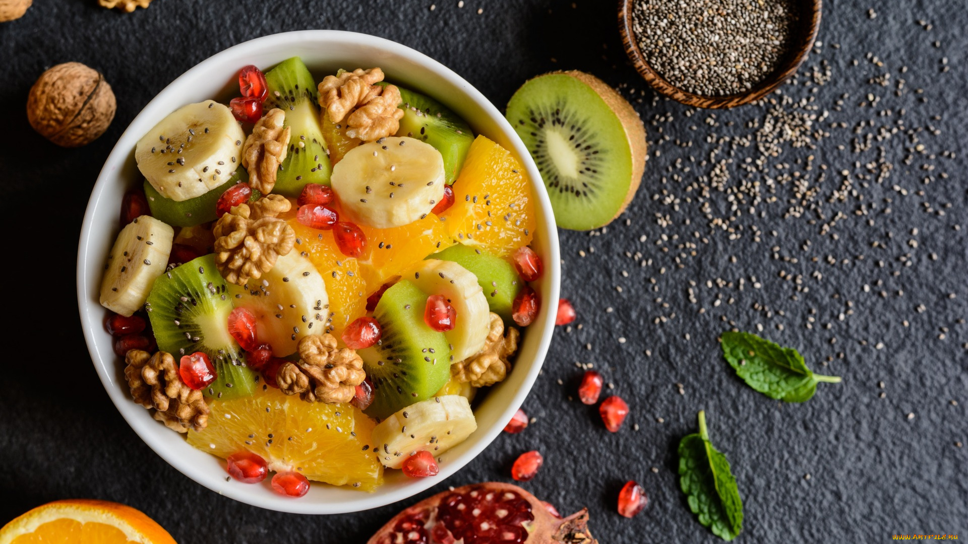 еда, салаты, , закуски, гранат, фруктовый, салат, киви, орехи, апельсин, фрукты, завтрак, банан