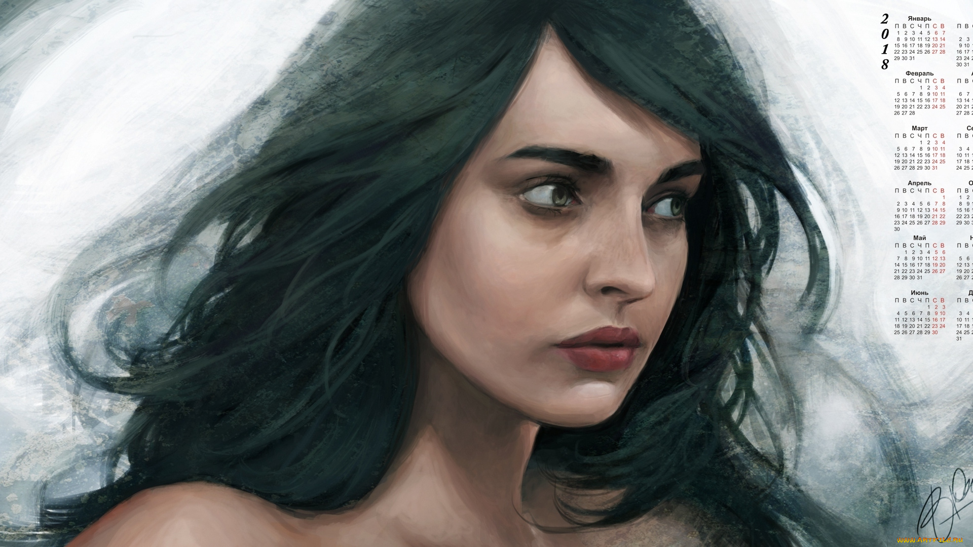 календари, рисованные, , векторная, графика, девушка, лицо