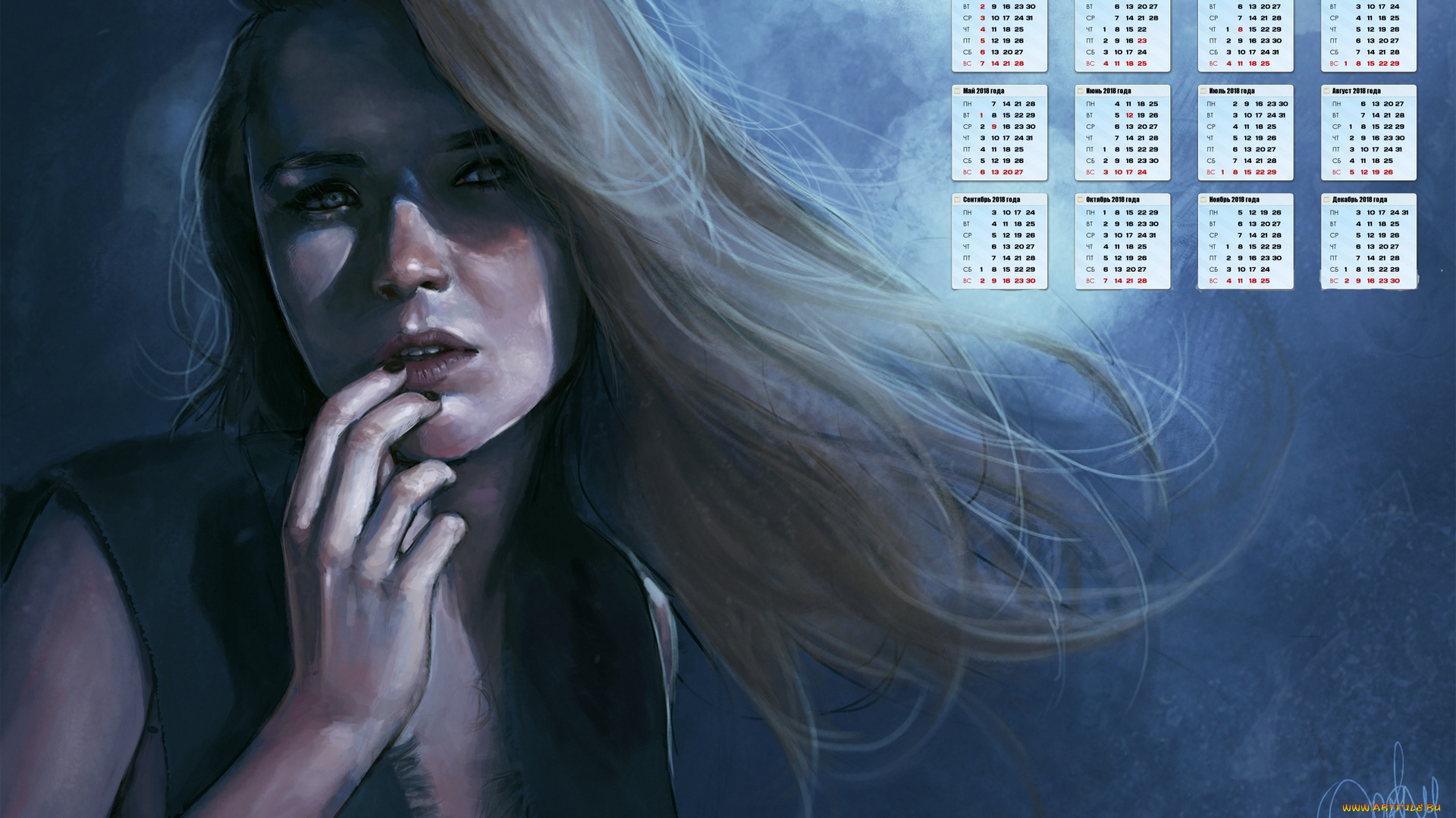 календари, рисованные, , векторная, графика, девушка, взгляд