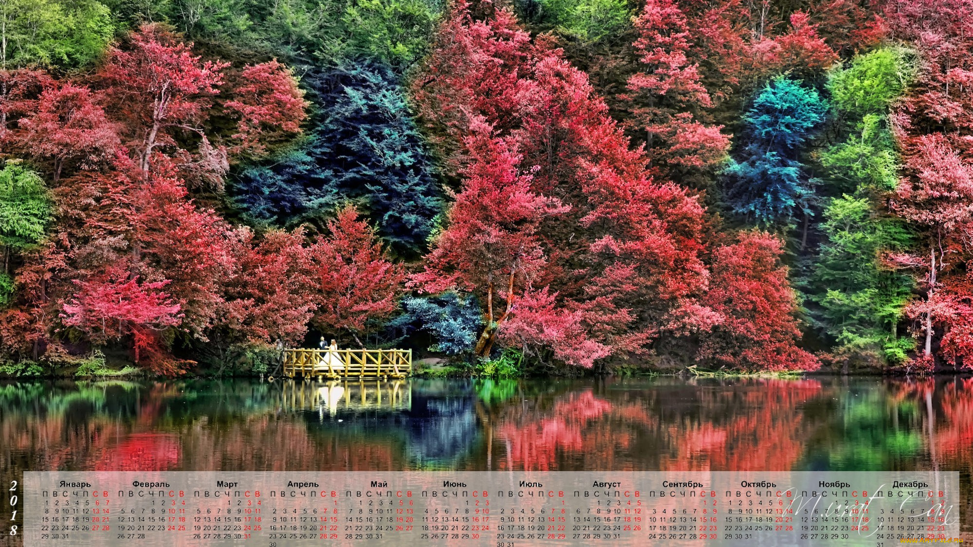 календари, природа, деревья, водоем