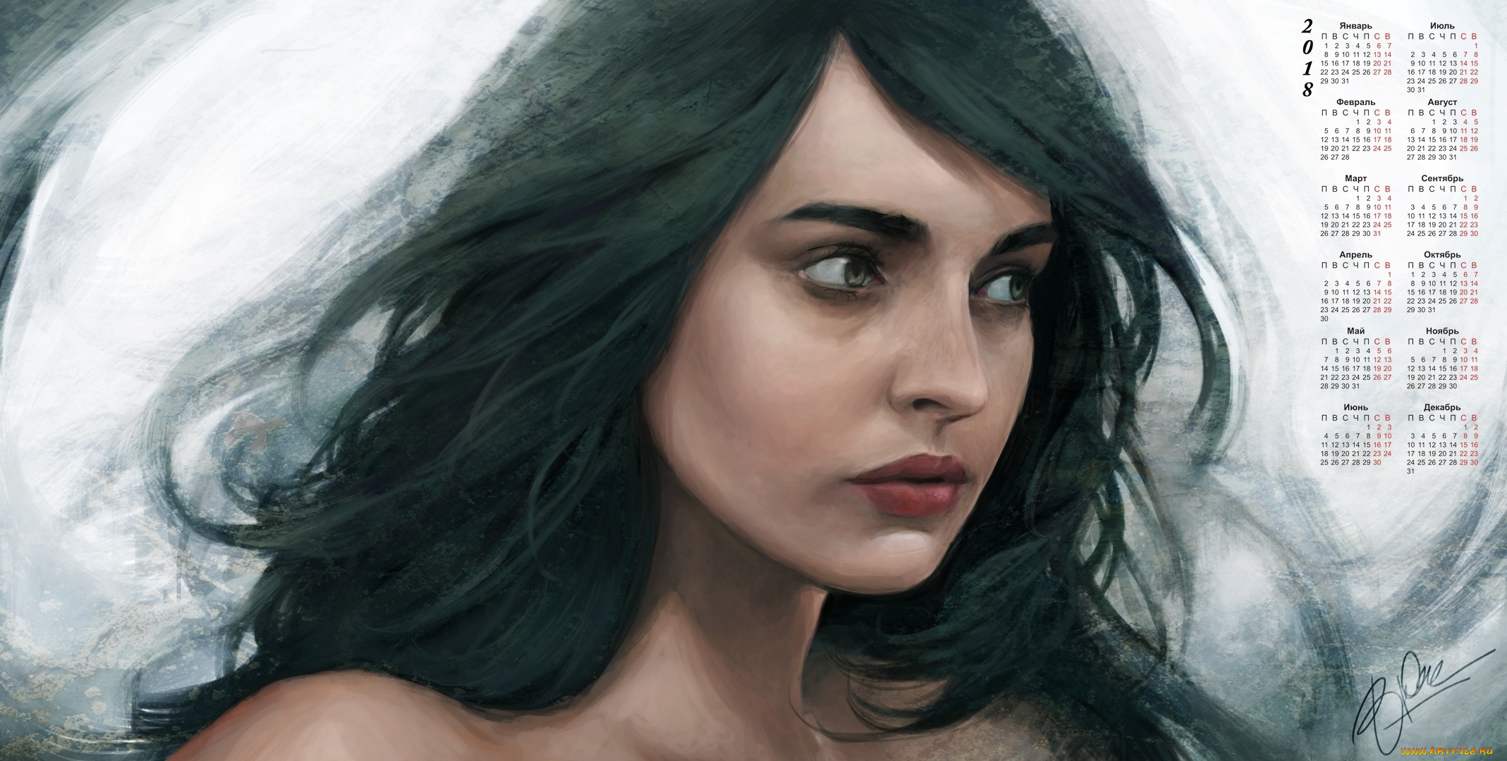 календари, рисованные, , векторная, графика, девушка, лицо