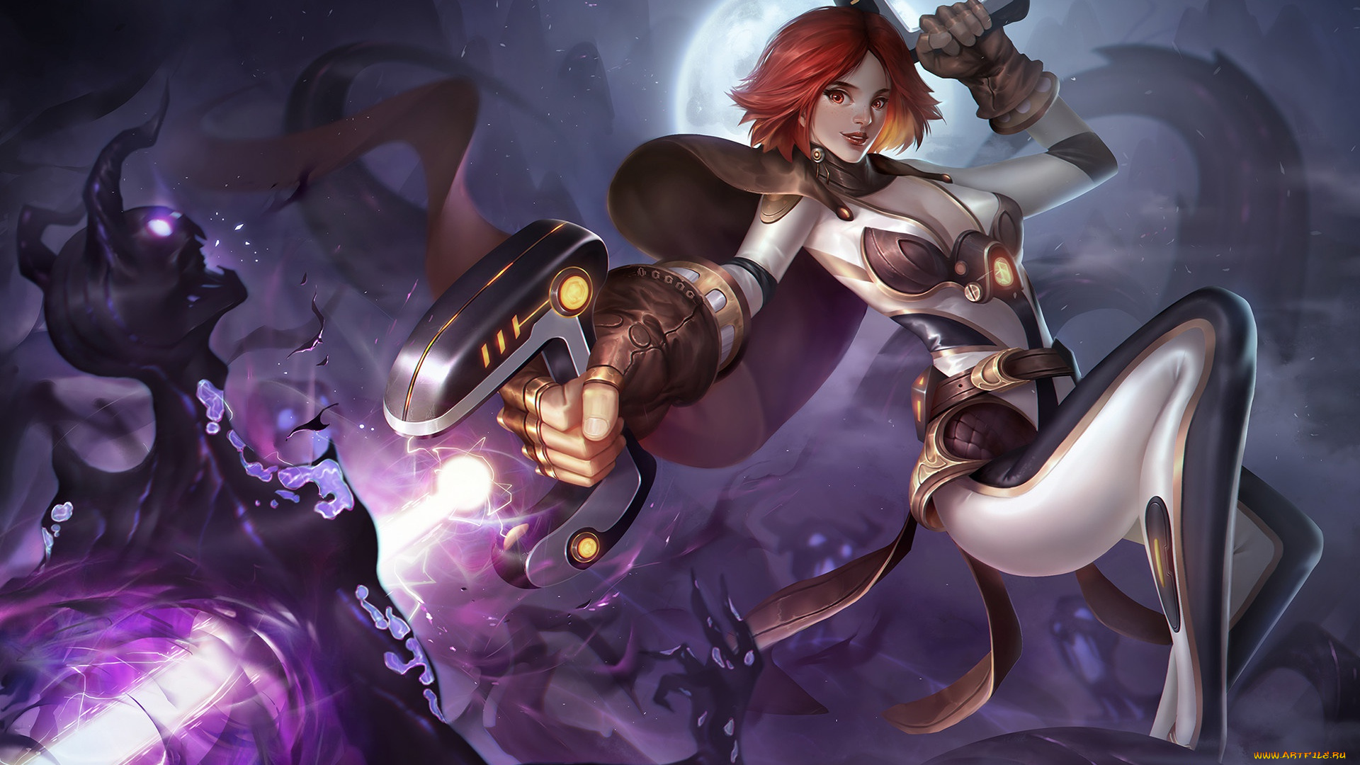 фэнтези, красавицы, и, чудовища, девушка, оружие, поза, sci-fi, art, костюм, луна, арт, фантастика, взгляд, монстр