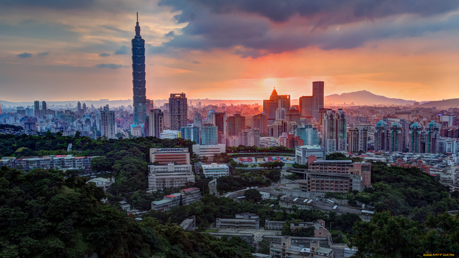 города, тайбэй, , тайвань, , китай, горизонт, тайбэй, мегаполис, улицы, дымка, панорама, вечер, небоскребы, даль, дома, высота, башня, здания, вид, растительность, холмы, розовый, город, горы, закат, свет, деревья