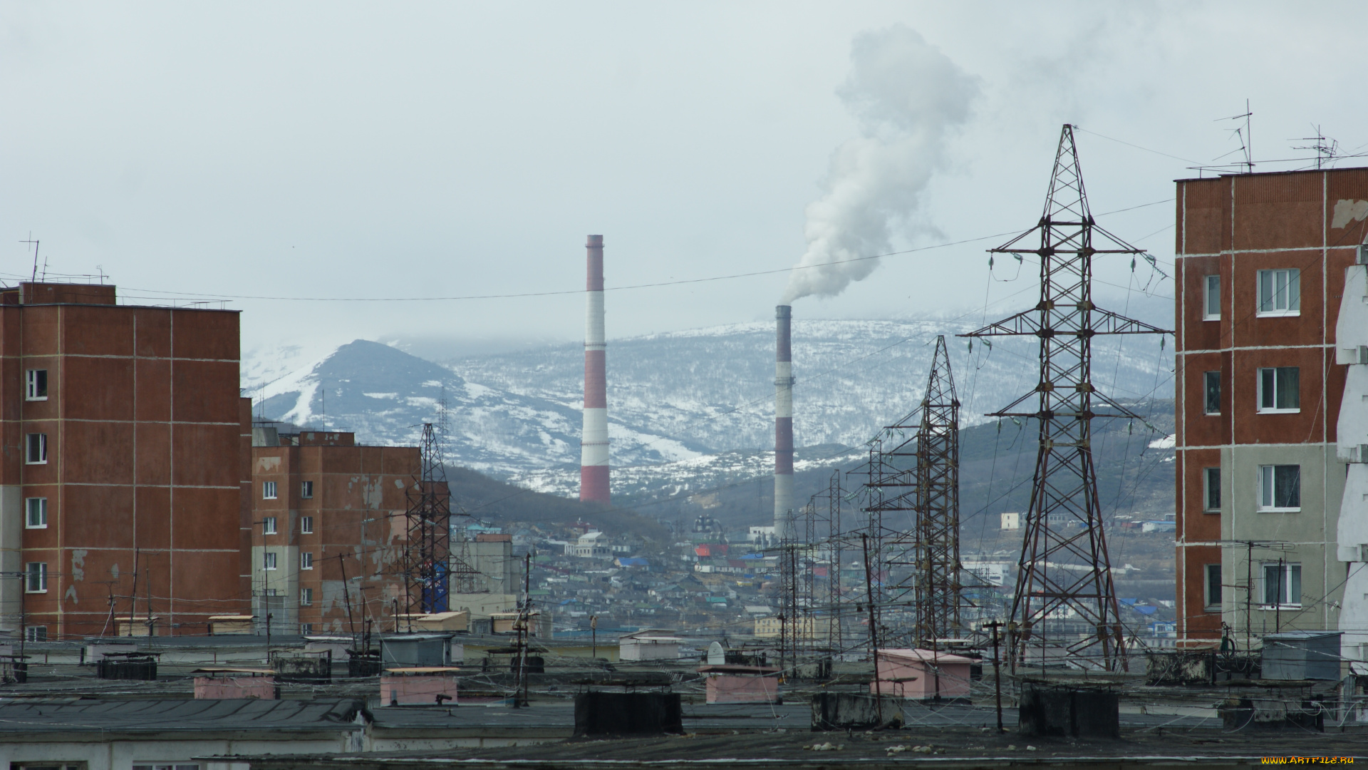 магадан, россия, города, -, здания, , дома, колыма, городские, крыши, wallhaven, линии, электропередачи