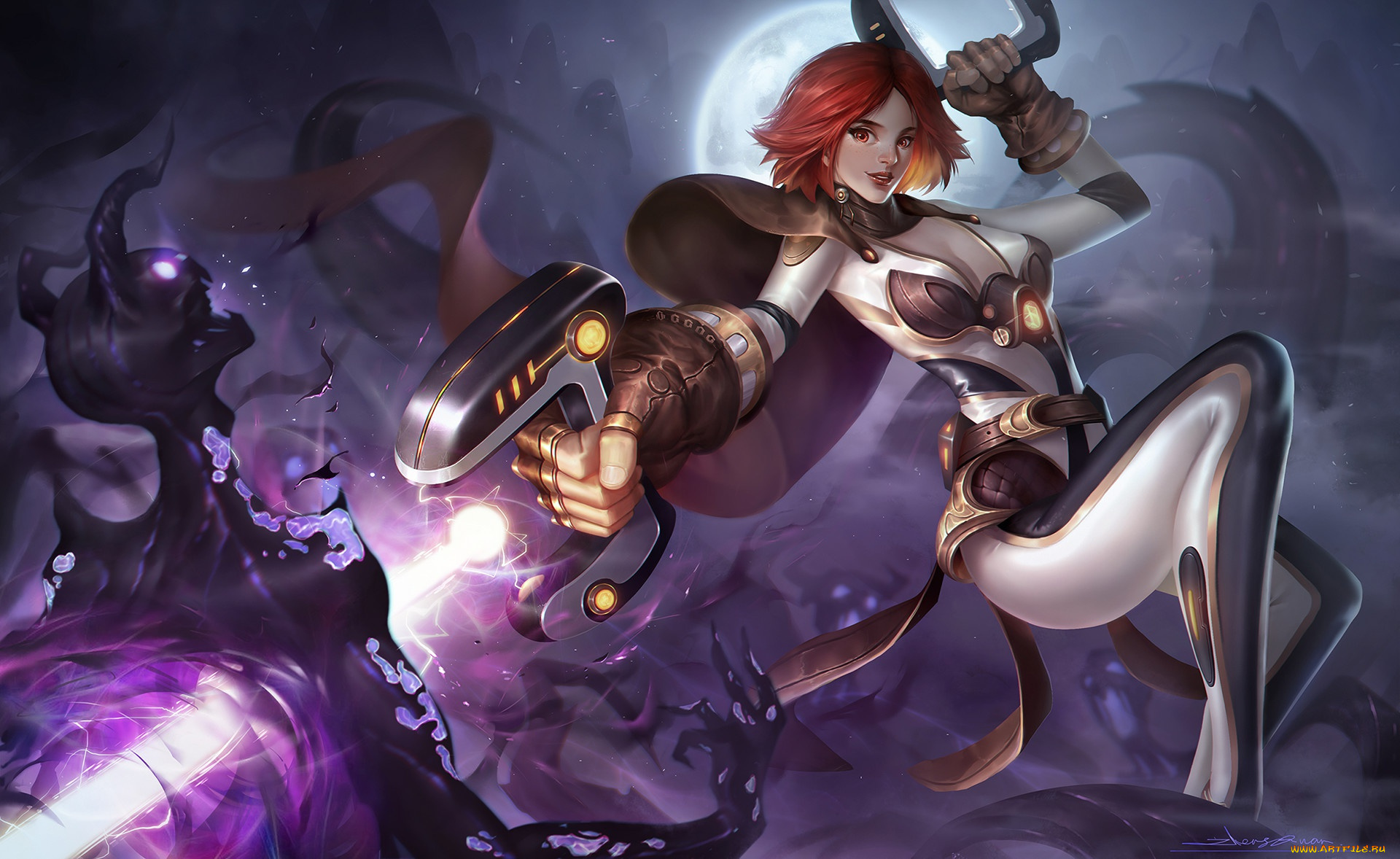 фэнтези, красавицы, и, чудовища, девушка, оружие, поза, sci-fi, art, костюм, луна, арт, фантастика, взгляд, монстр