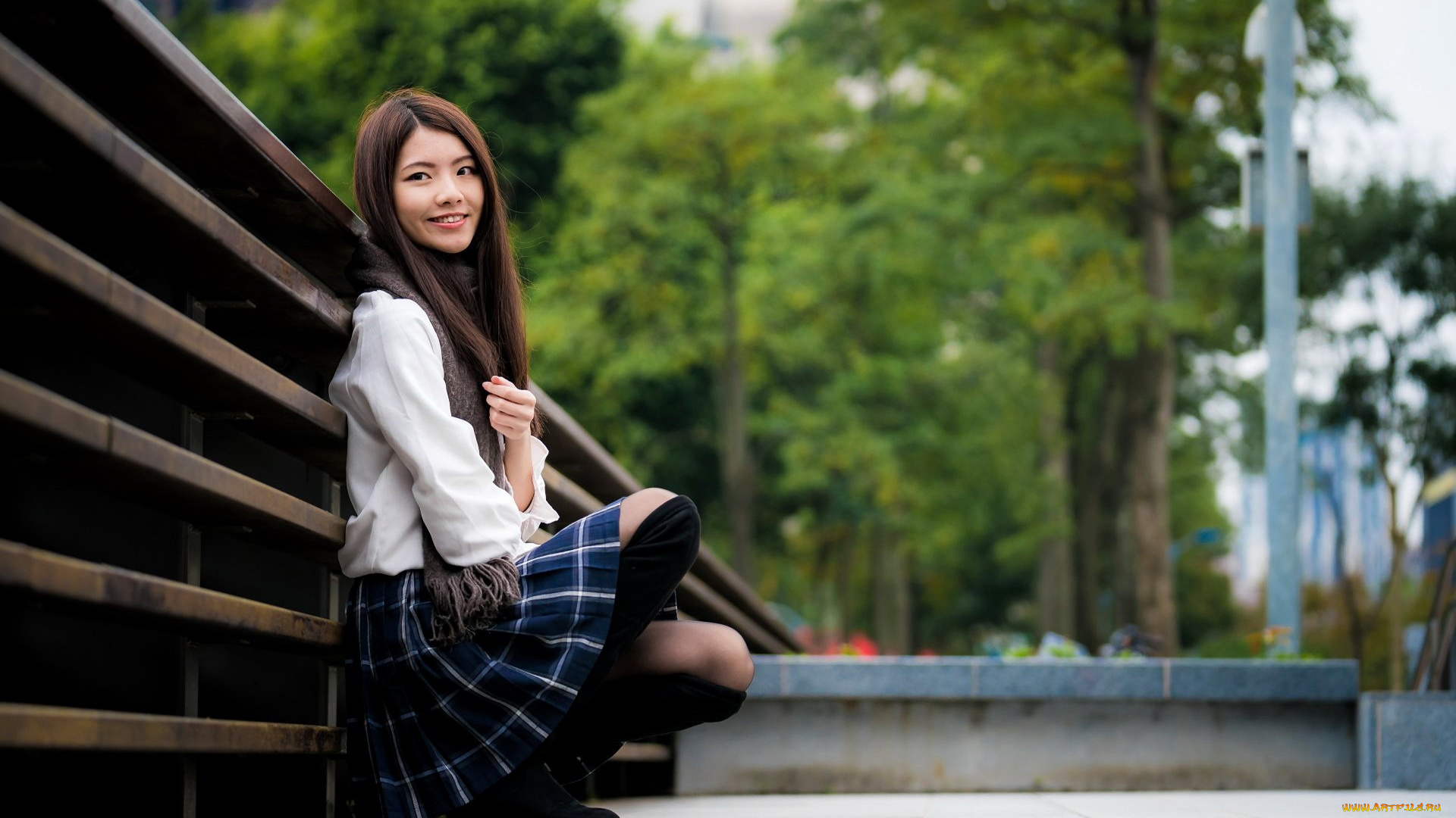 девушки, -, азиатки, юбка, шарф, поза