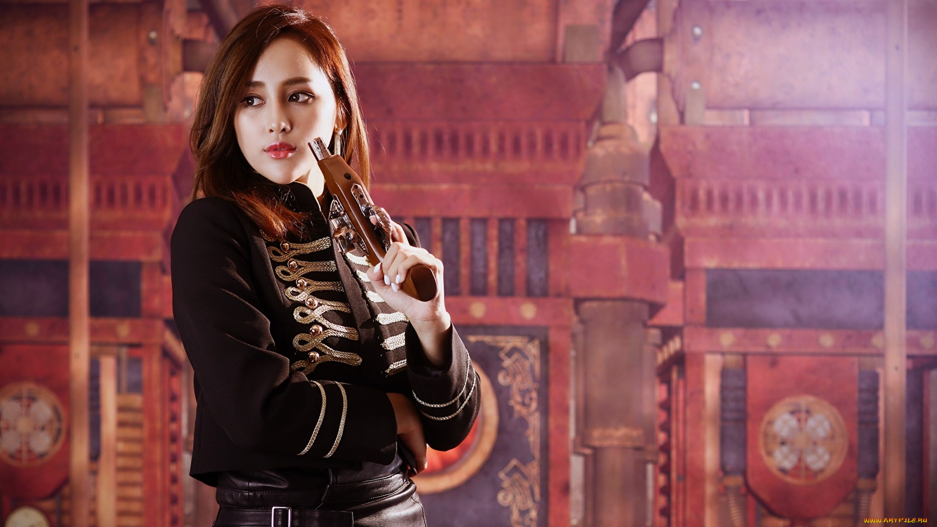 девушки, -, девушки, с, оружием, рыжеволосая, девушка, азиатка, оружие, поза