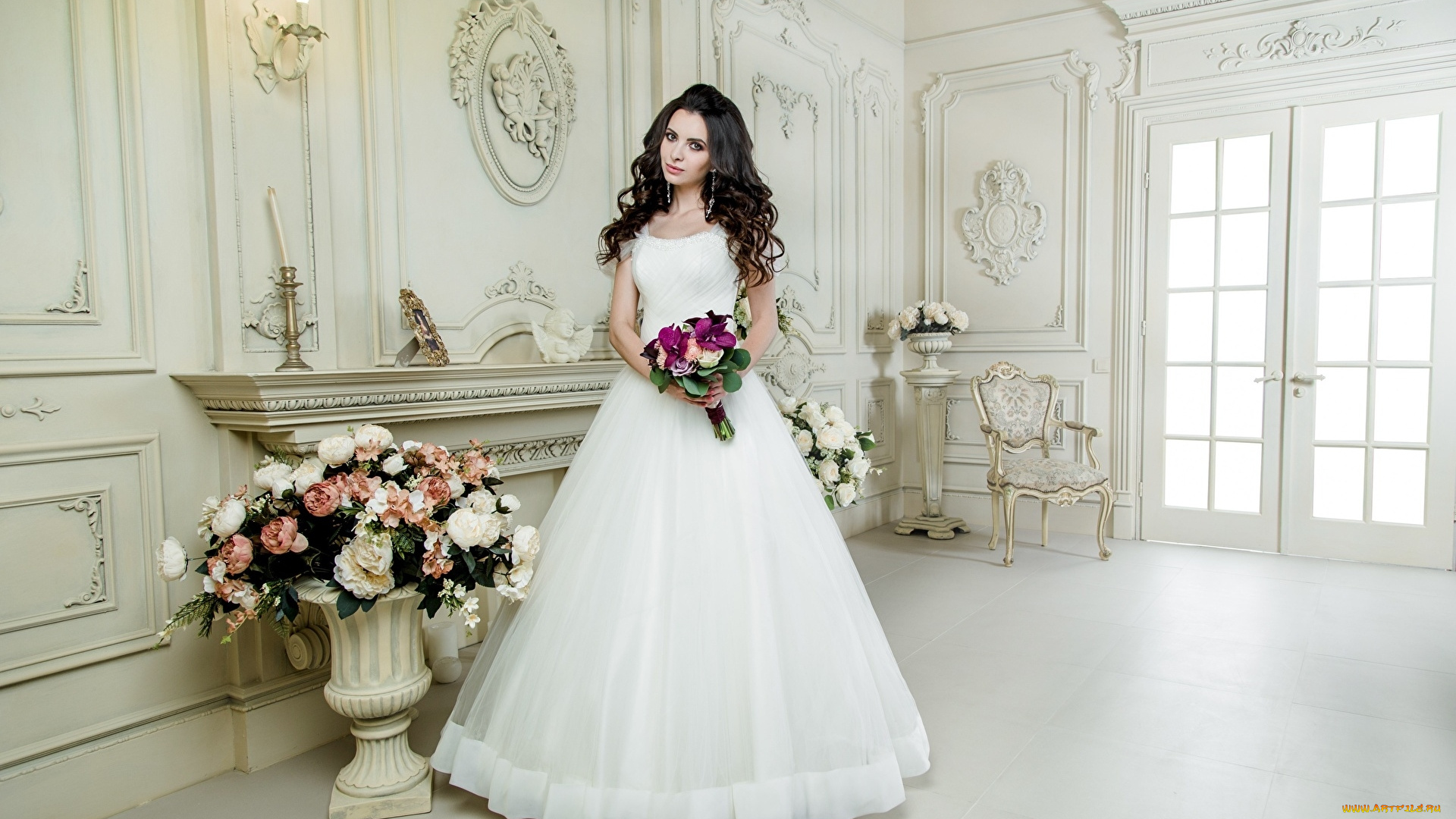 девушки, -, невесты, свадебное, платье, локоны, брюнетка, невеста, букеты