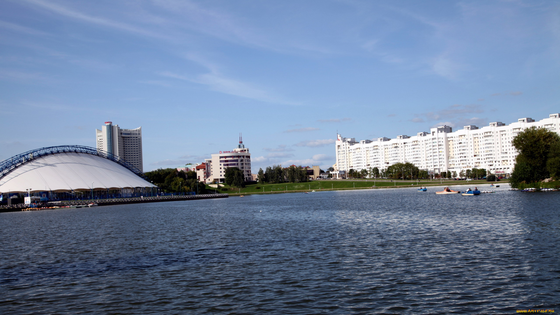 города, минск, , беларусь, река, лодки, здания