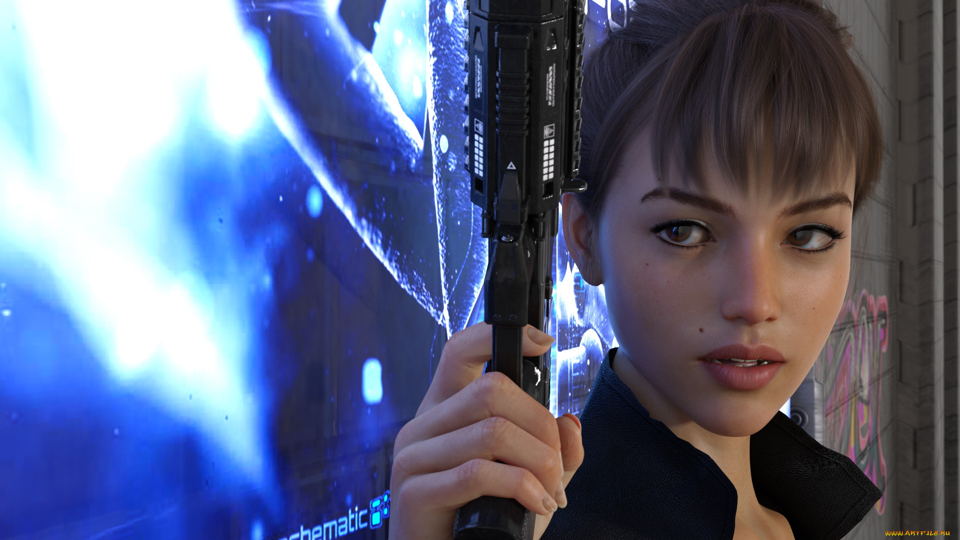 3д, графика, фантазия, , fantasy, девушка, фон, пистолет