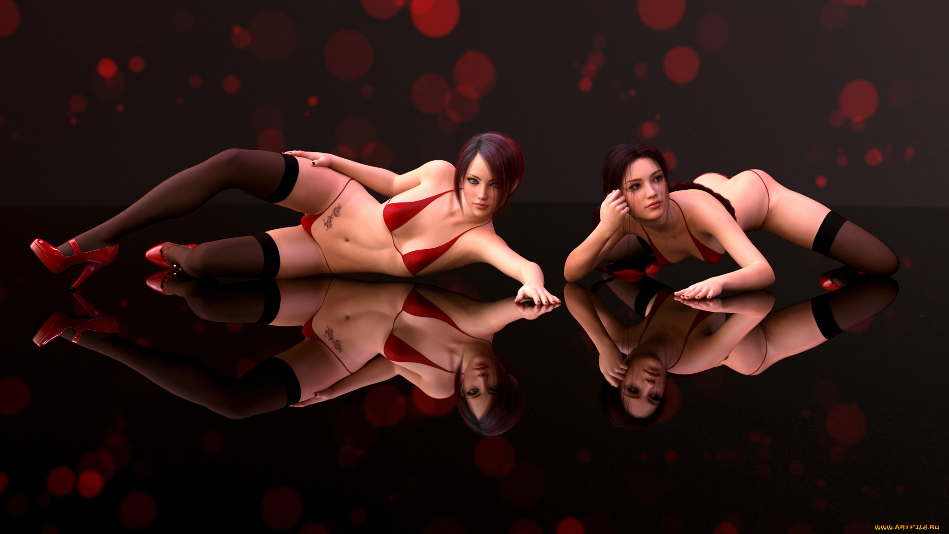 3д, графика, люди, , people, девушки, фон, взгляд, тату, купальник, чулки