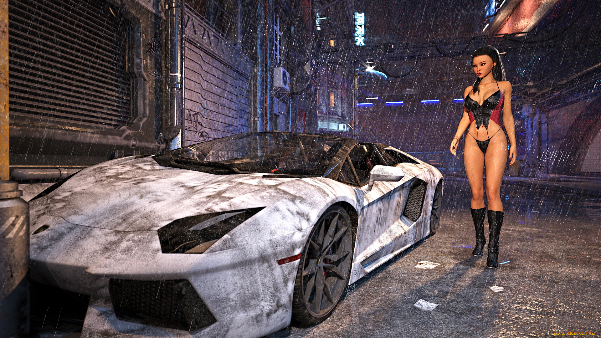 3д, графика, люди-авто, мото, , people-, car, , , moto, девушка, фон, купальник, улица, автомобиль