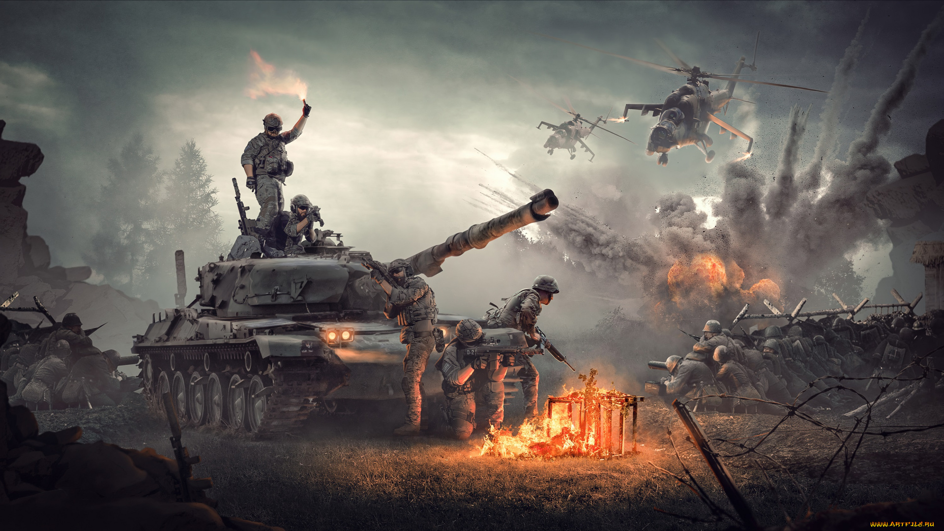 call, of, duty, видео, игры, army, tanks, attack, helicopter, war, soldiers, fire, enemy, surreal