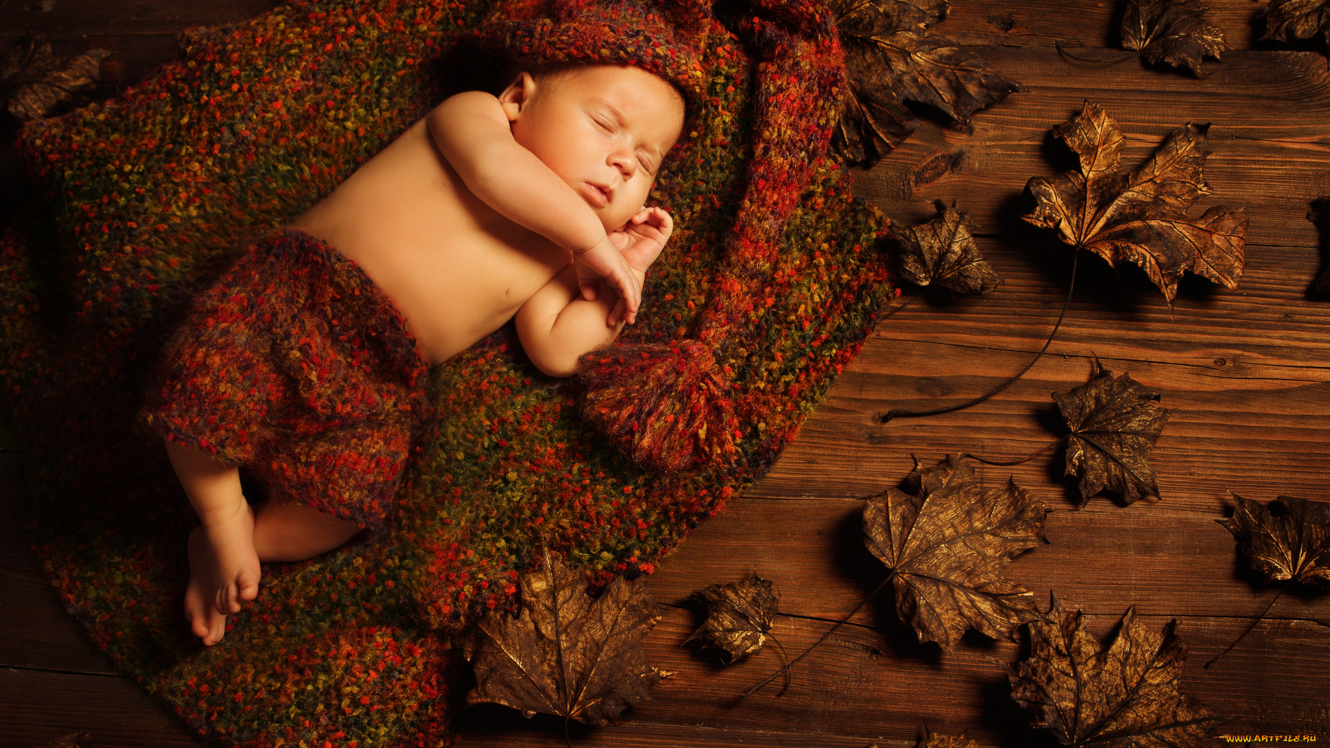 разное, дети, младенец, шапка, плед, листья