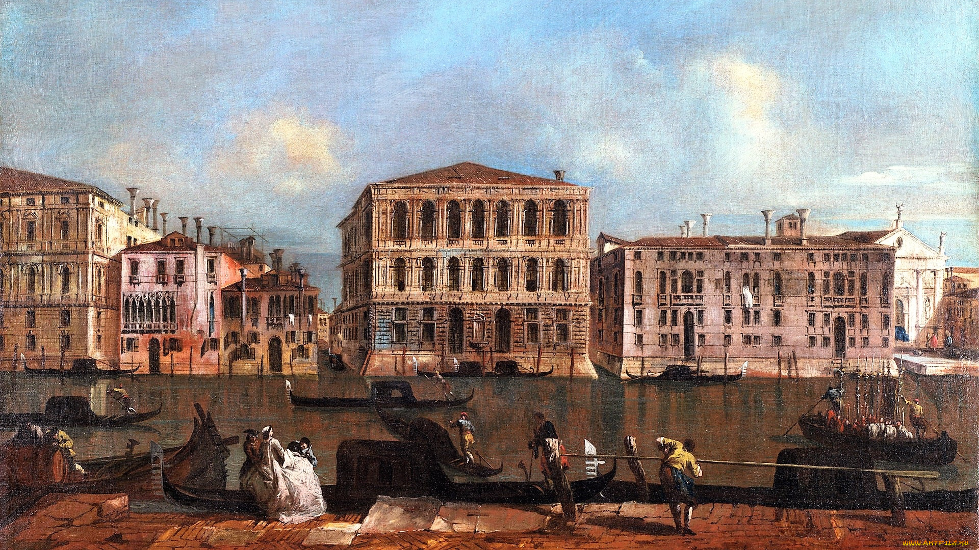 венеция, -, гранд-канал, с, палаццо, пезаро, -, гварди, франческо, рисованное, живопись, город, дома, канал, люди, венеция