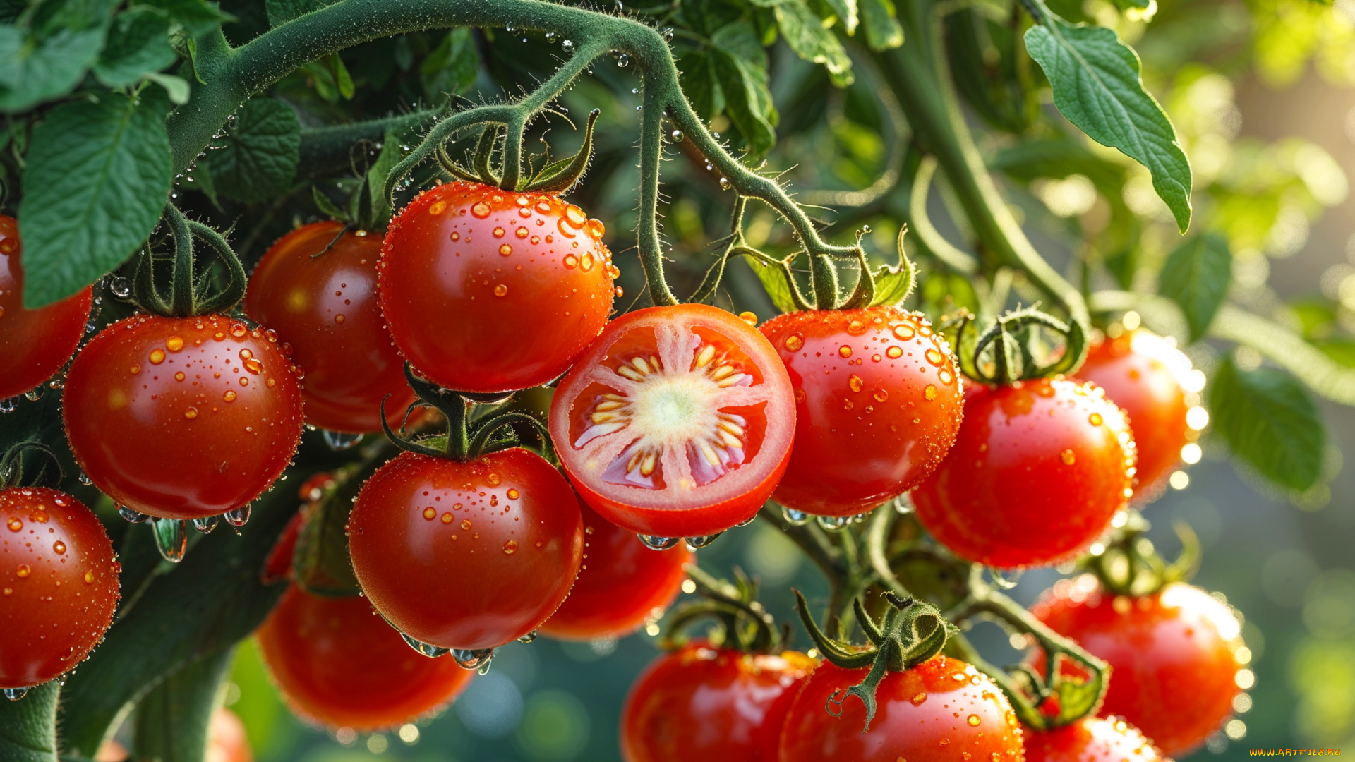 3д, графика, природа, , nature, куст, помидоры, макро, капли