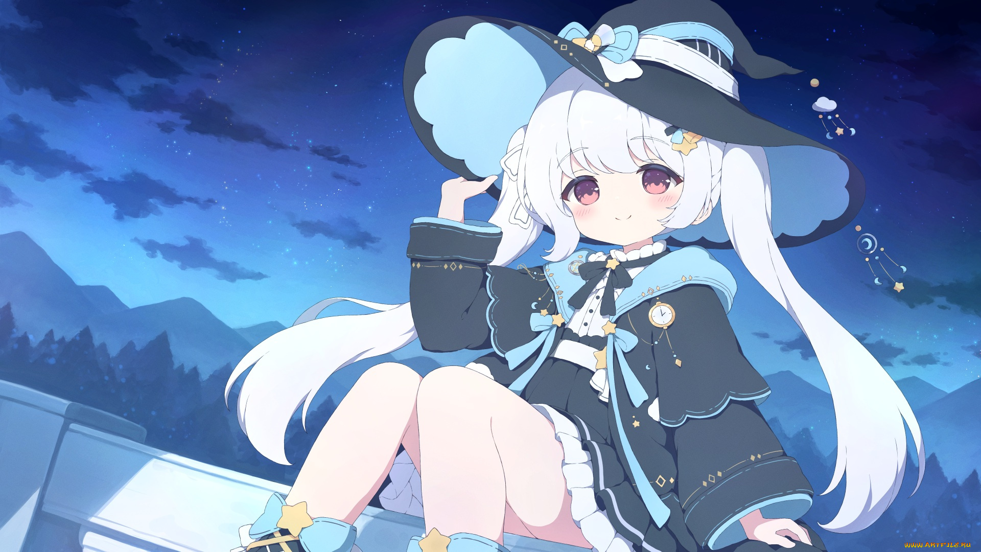 аниме, магия, , колдовство, , halloween, небо, шляпа, девочка, ведьмочка, tyakomes