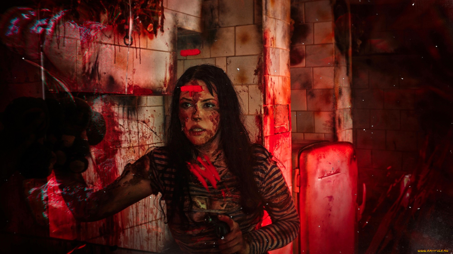 девушки, алиса, арефьева, образ, косплей, наряд, грязь, кровь, тельняшка, зеркало, отражение, холодильник