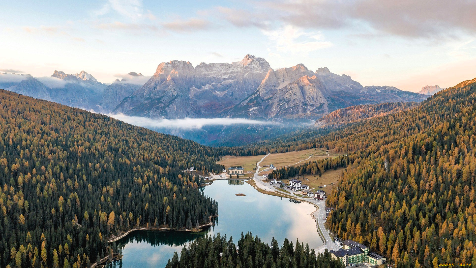 города, -, пейзажи, поселок, горы, лес, осень, озеро