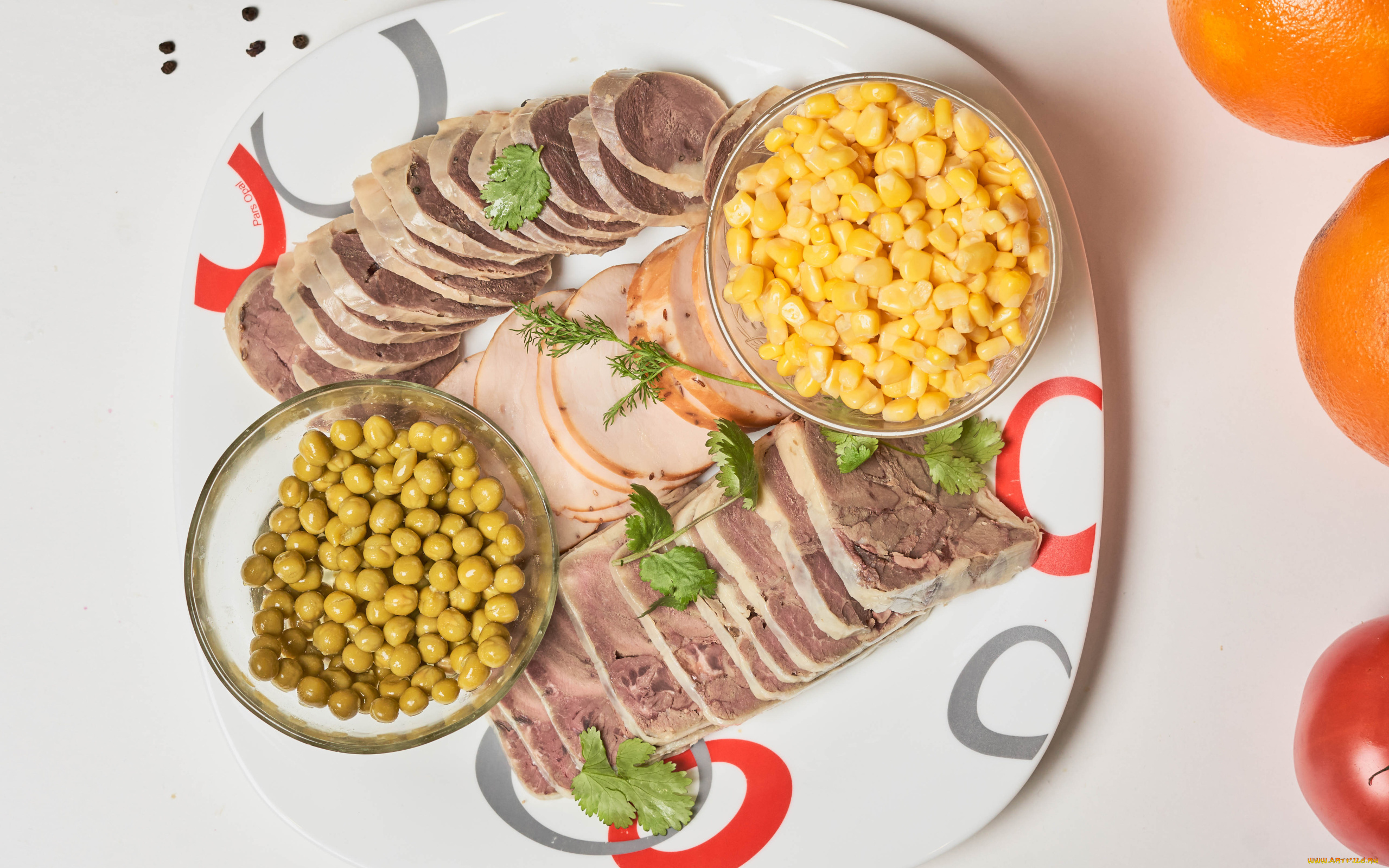 еда, мясные, блюда, горошек, зелень, кукуруза, отварной, язык, буженина