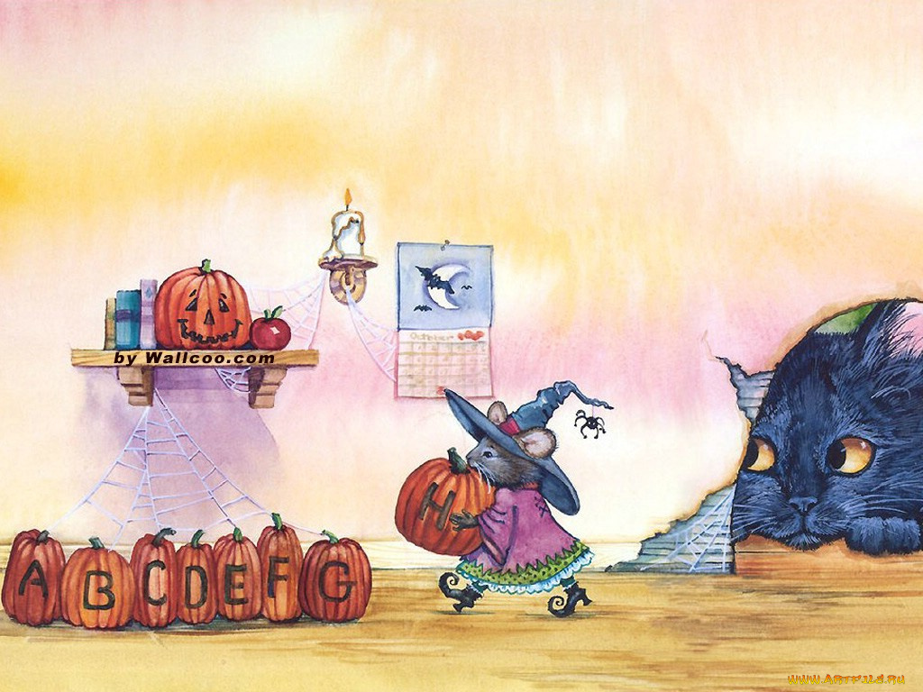 рисованные, животные, сказочные, мифические, мышь, кот, тыква