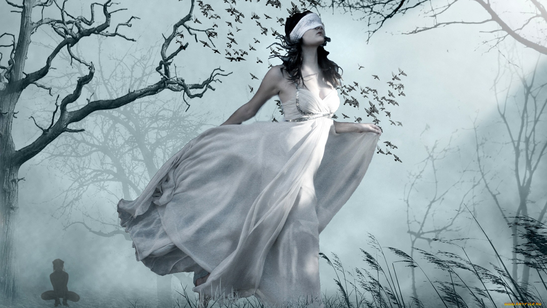 фэнтези, девушки, платье, лес, птицы, повязка