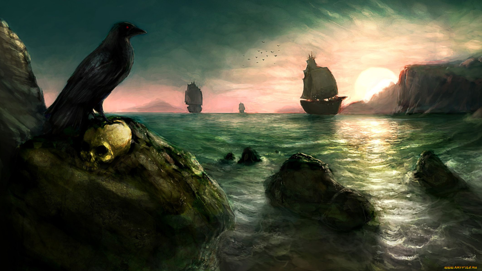 фэнтези, пейзажи, море, скалы, корабли, парусники, ворон, череп, закат
