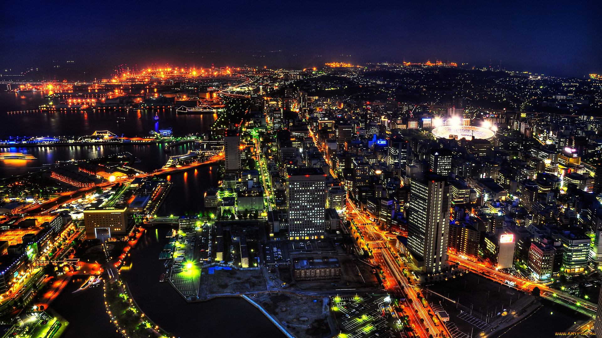 йокогама, Япония, города, ночь, огни, дорога, стадион, дома