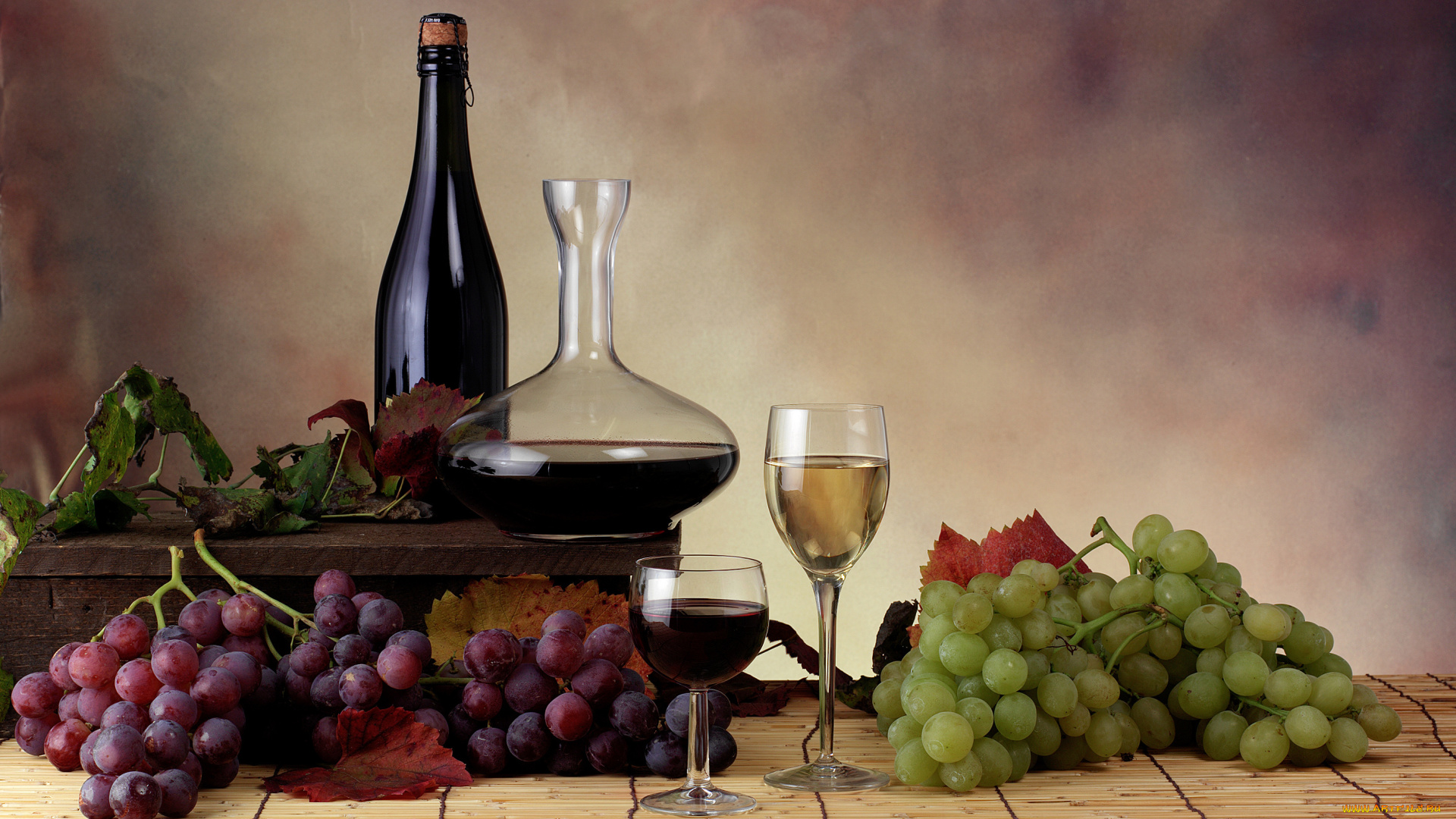 еда, напитки, вино, бокалы, графин, виноград, бутыль