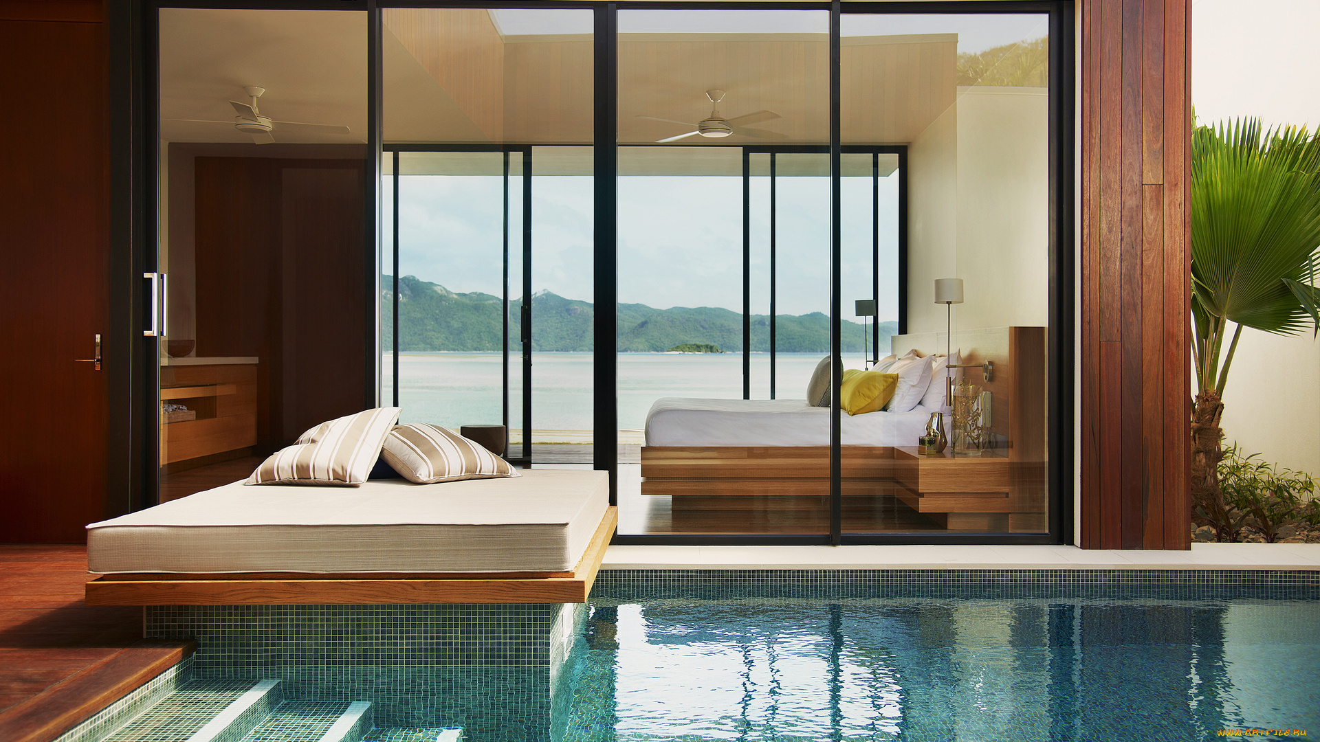 интерьер, бассейны, открытые, площадки, окно, шкаф, спальня, бассейн