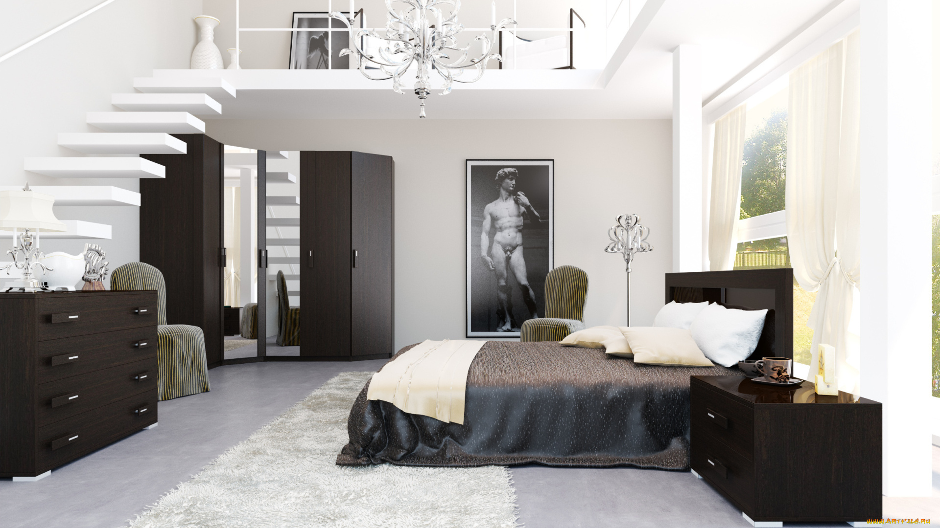 интерьер, спальня, кровать, окно, лестница