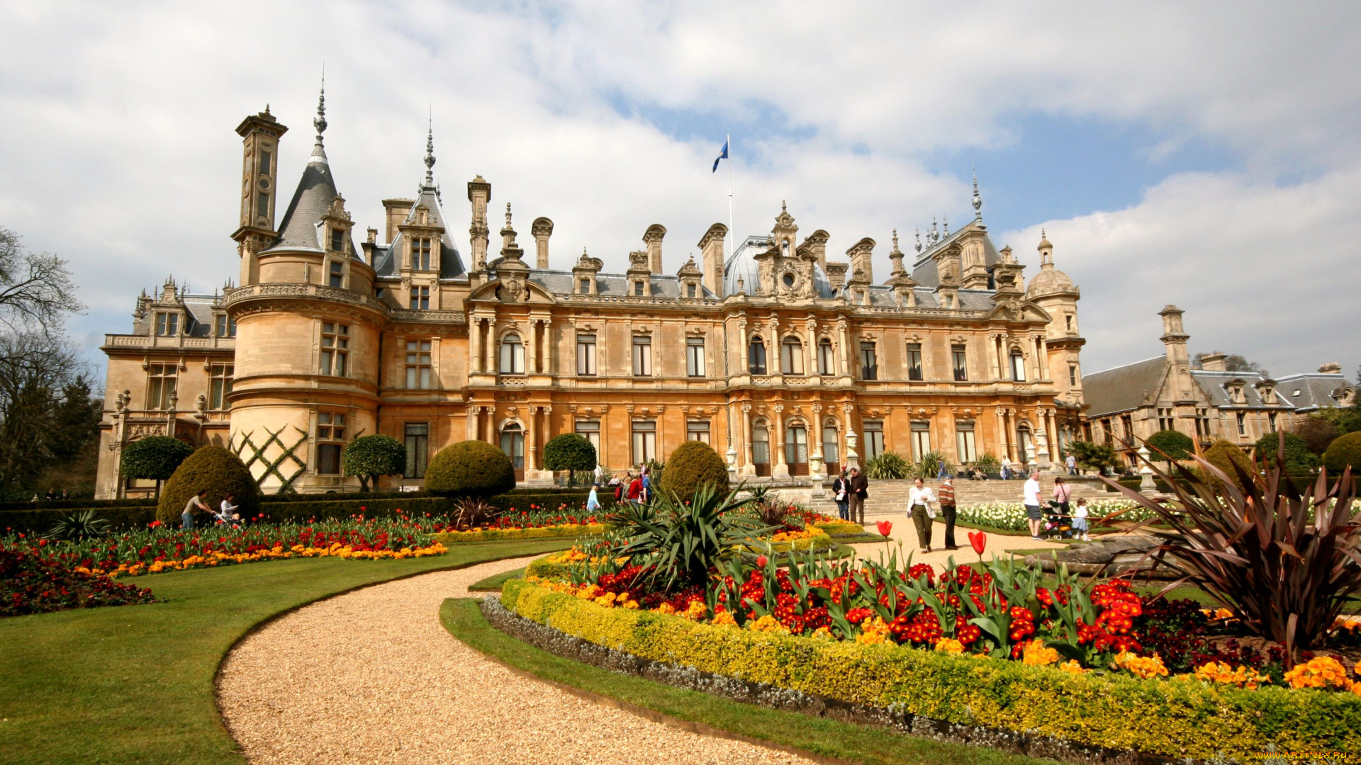 усадьба, эйлсбери, англия, города, дворцы, замки, крепости, дорожка, клумбы, цветы, башня
