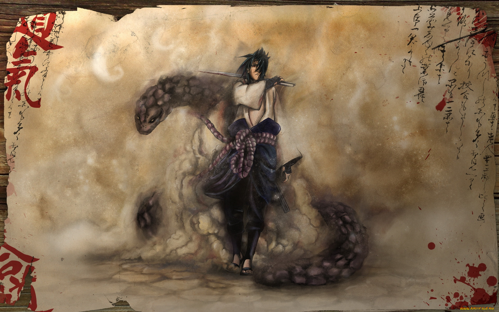 аниме, naruto, саске, учиха, змеи, иероглифы, кровь