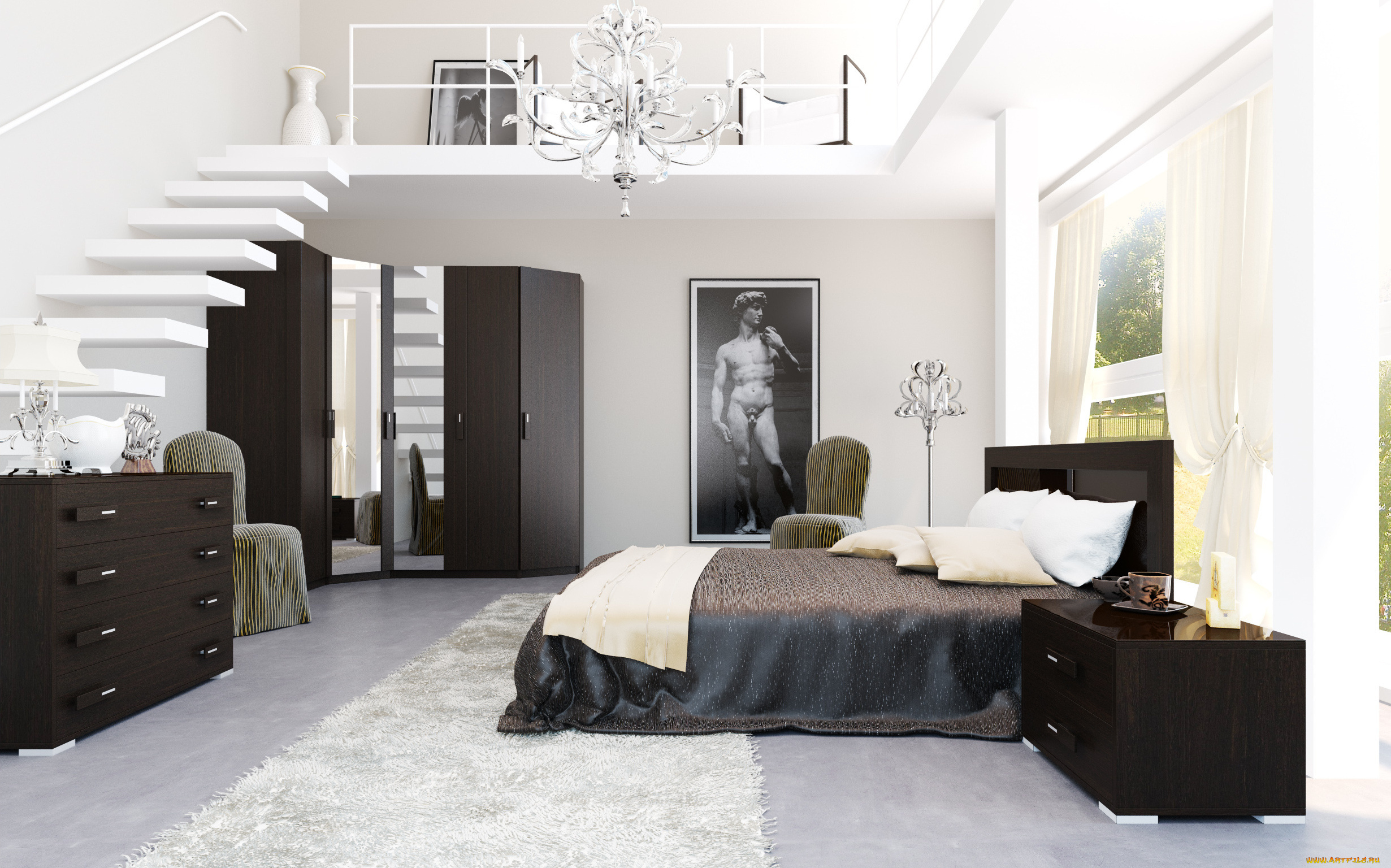 интерьер, спальня, кровать, окно, лестница