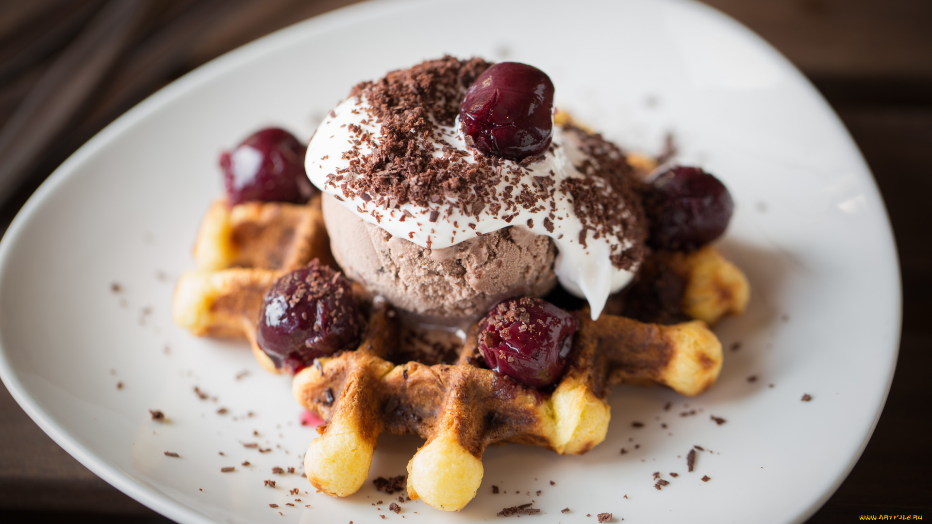 еда, мороженое, десерты, вишня, вафля, тертый, шоколад