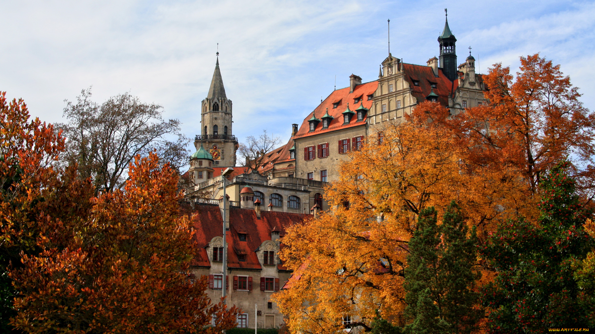 германия, зигмаринген, города, здания, дома, деревья, осень