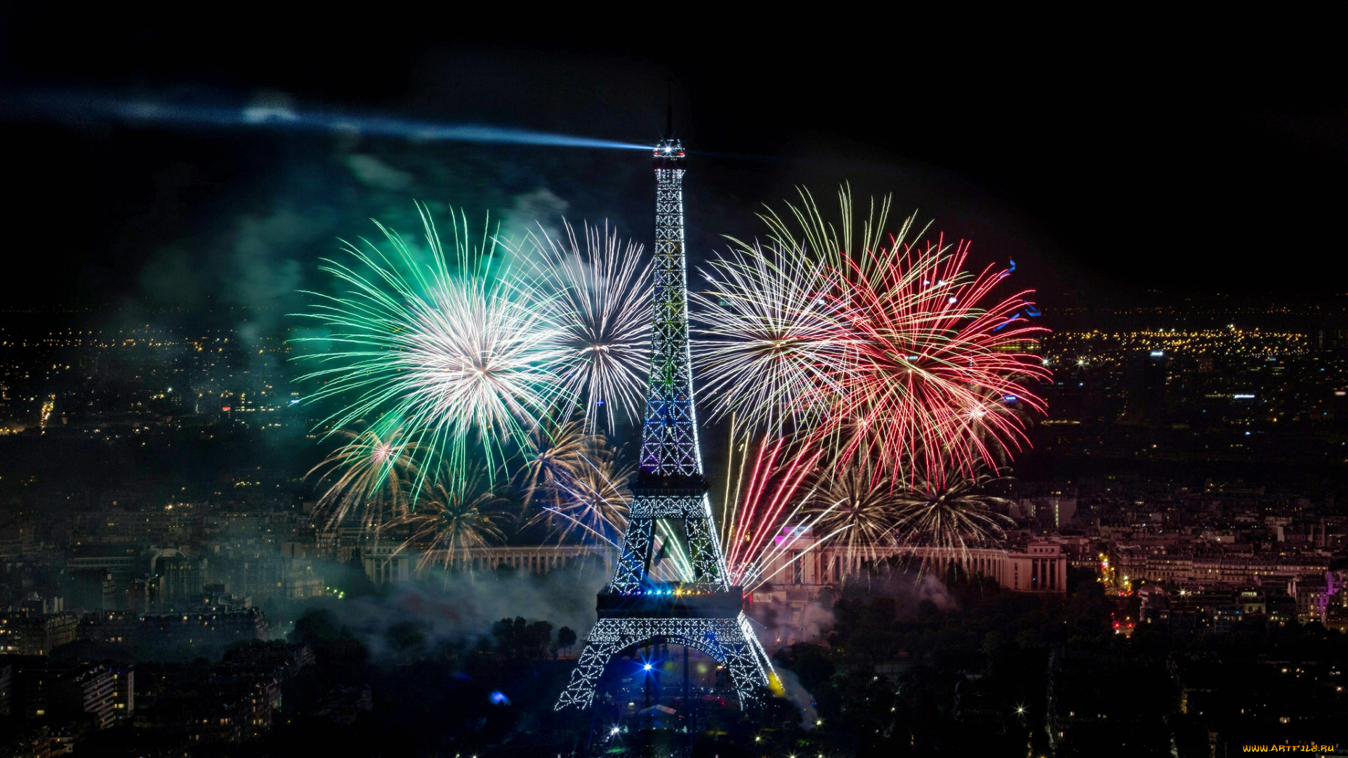 города, париж, франция, эйфелева, башня, ночь, фейерверк