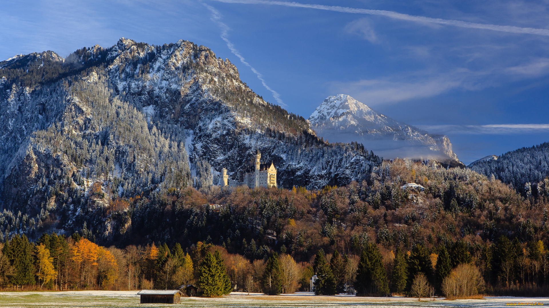 города, замок, нойшванштайн, германия, зима, горы