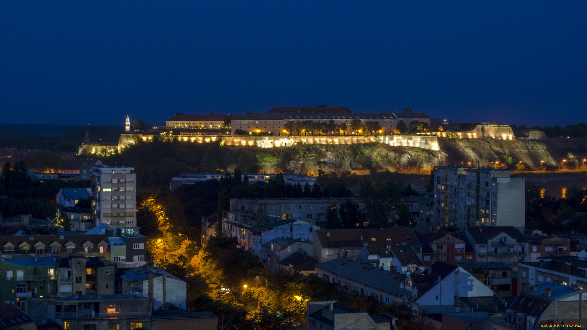 novi, sad, сербия, города, огни, ночного, ночь, крепость, дома