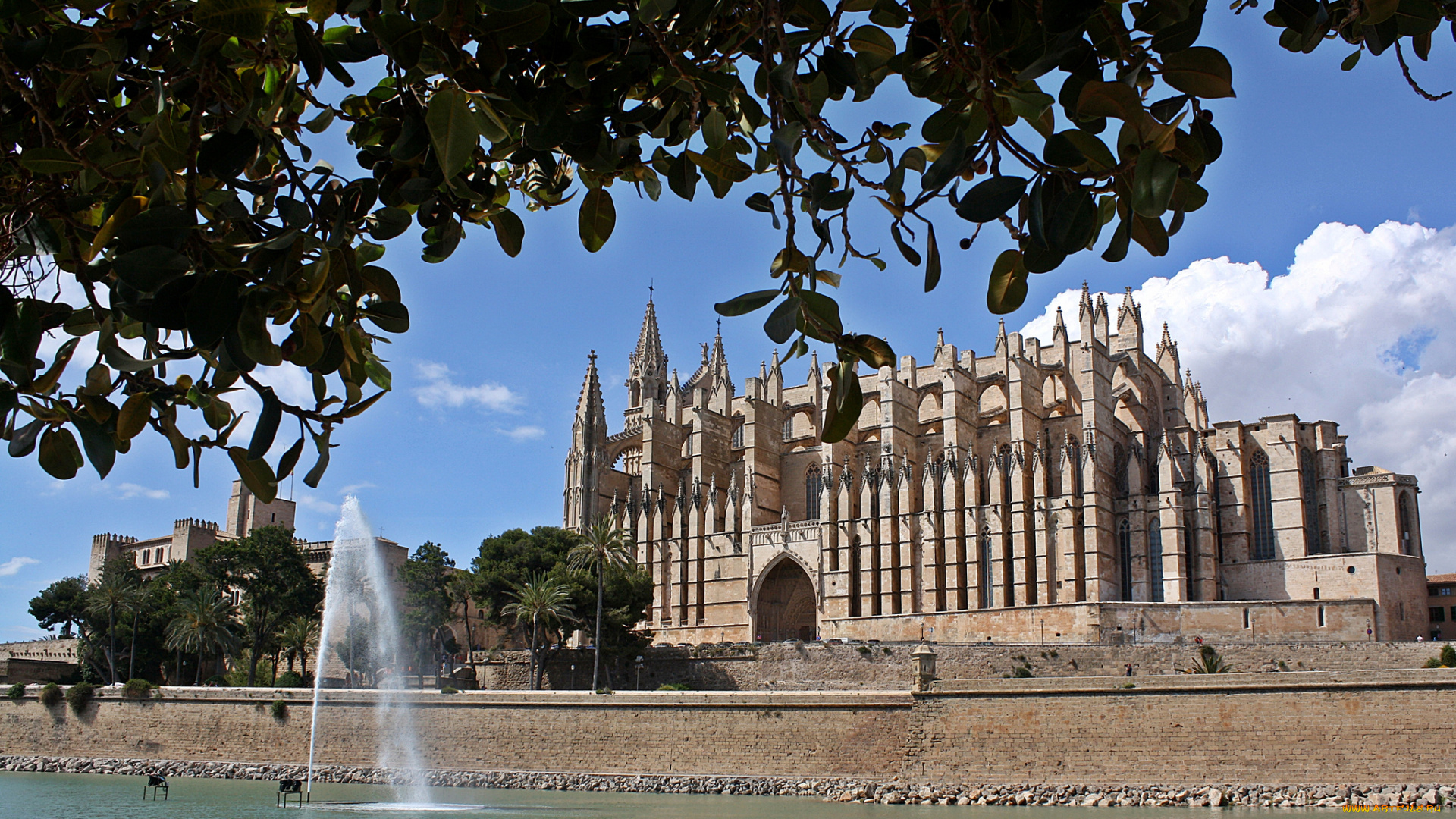 palma, de, mallorca, города, дворцы, замки, крепости, замок, водоем, фонтан